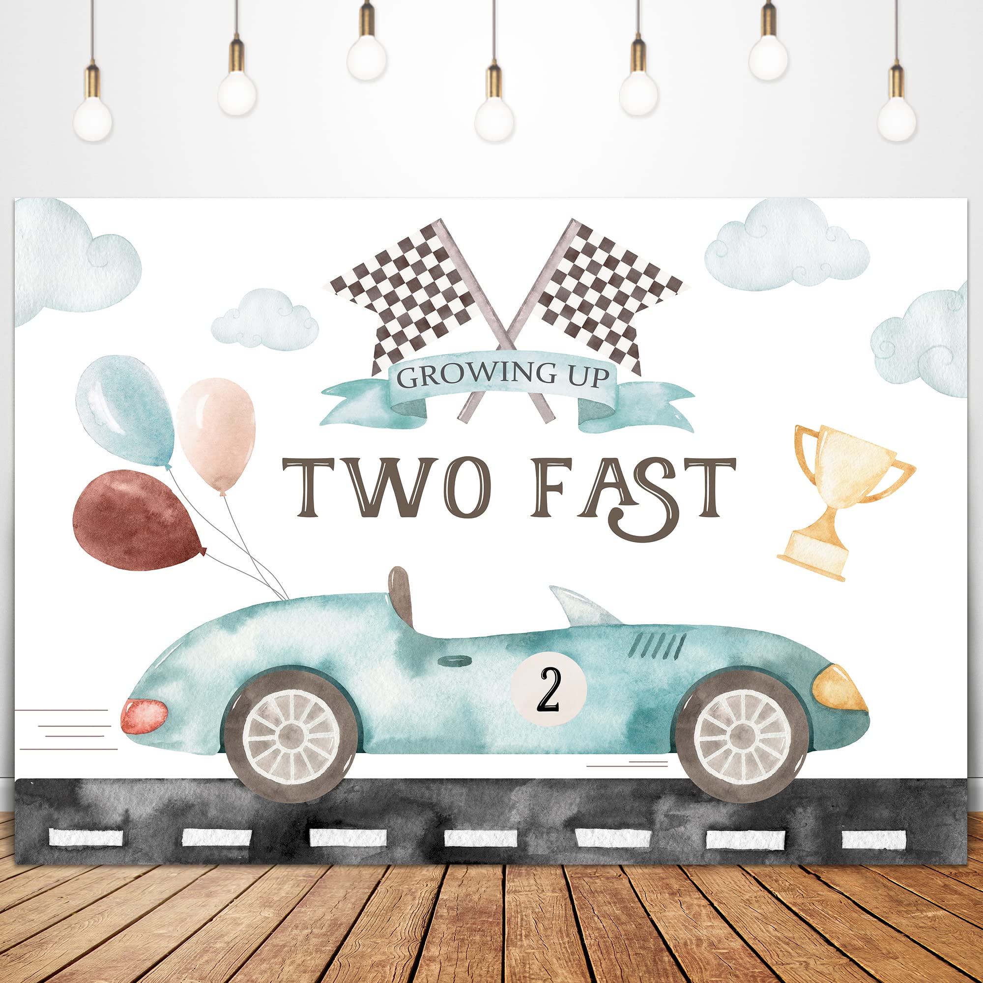 Glawry Two Fast 2Nd Birthday Backdrop For Photography 5Wx3H Feet Boys Kids Boho Watercolor Race Car Cartoon Balloons Cup Cool Cl