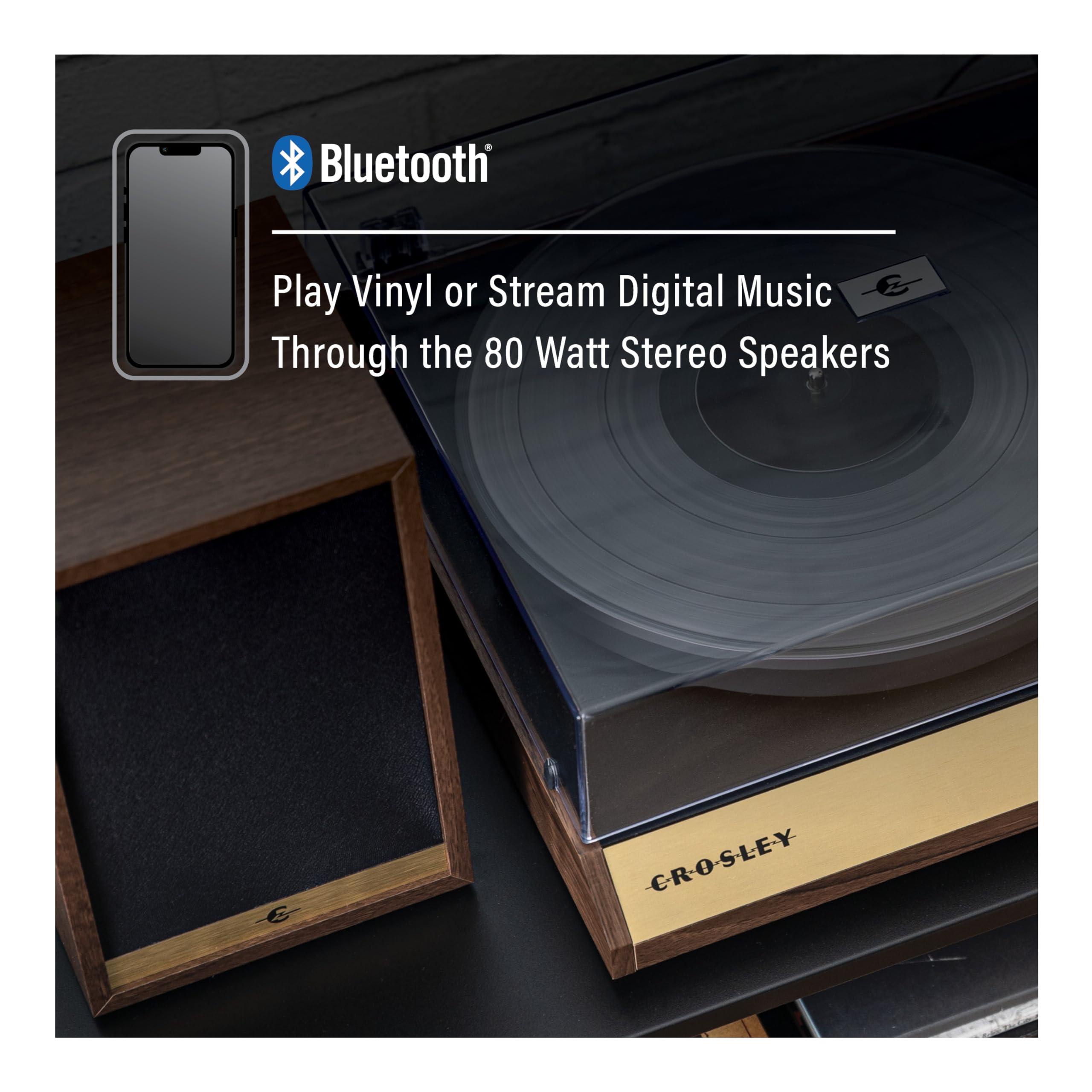 Crosley C72 2 Speed Belt Drive Bluetooth Turntable Record Player With 80W Speakers And Carbon Fiber Tonearm, Walnut