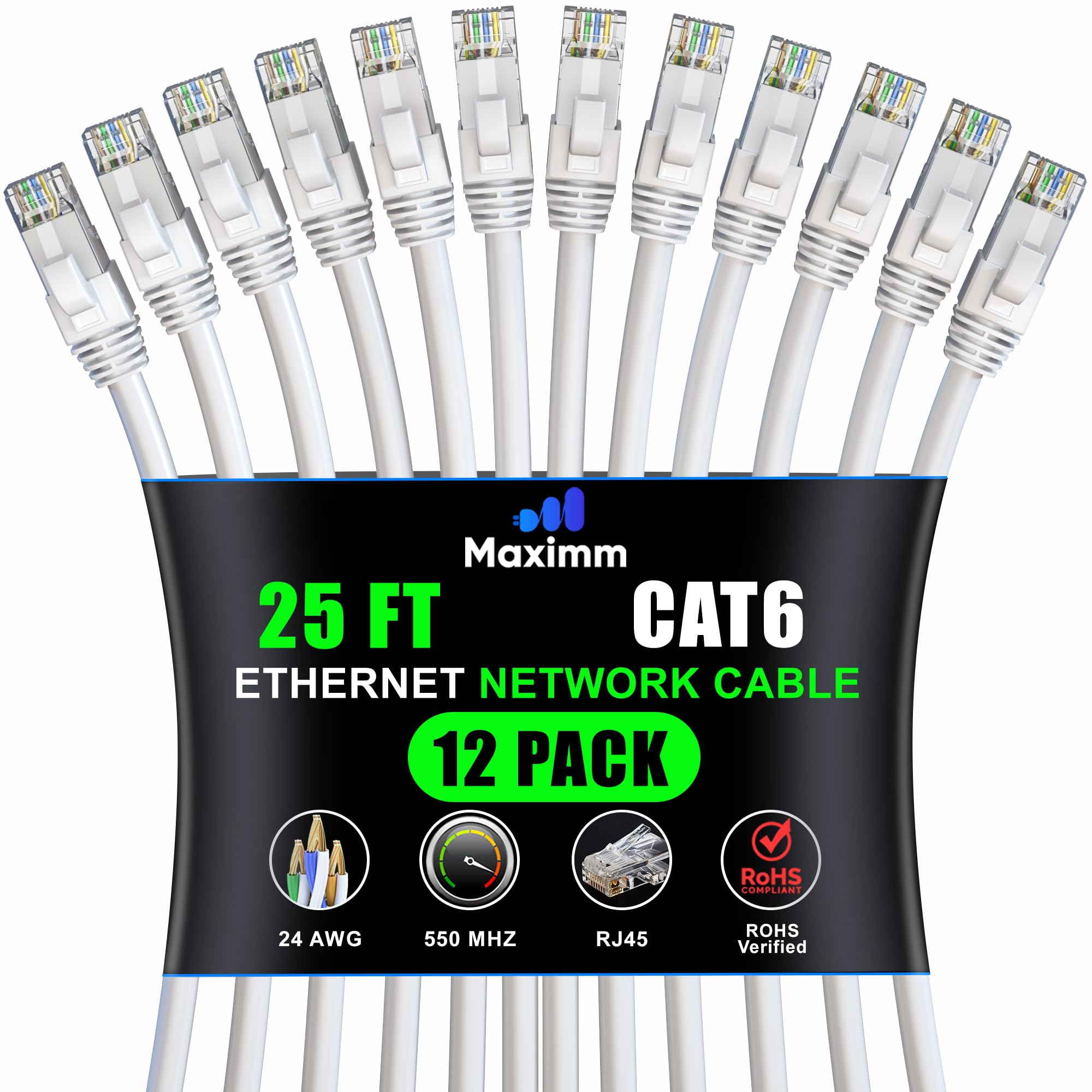 Maximm Cat 6 Ethernet Cable 25 Ft (12 Pack)   High Speed Lan Cable, Internet Cable, Patch Cable, And Network Cable   Utp, 10Gbps, 550Mhz Ethernet Cord   White
