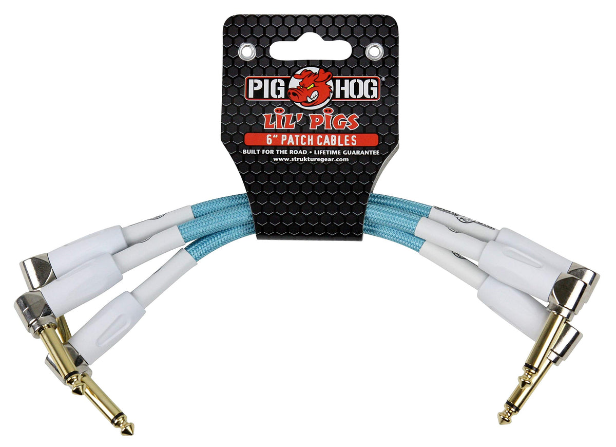 Pig Hog PHLIL6DB Lil' Pigs Right-Angle 1/4' Vintage Daphne Blue Instrument Patch Cables, 6' (3 Pack)