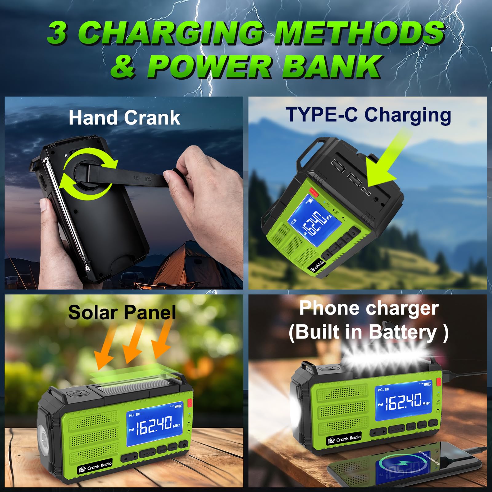 Emergency Weather Radio, Solar Hand Crank Radio Am/Fm Noaa 10000Mah, Weather Alert Radio With 3 Mode Flashlight, Reading Lamp, S