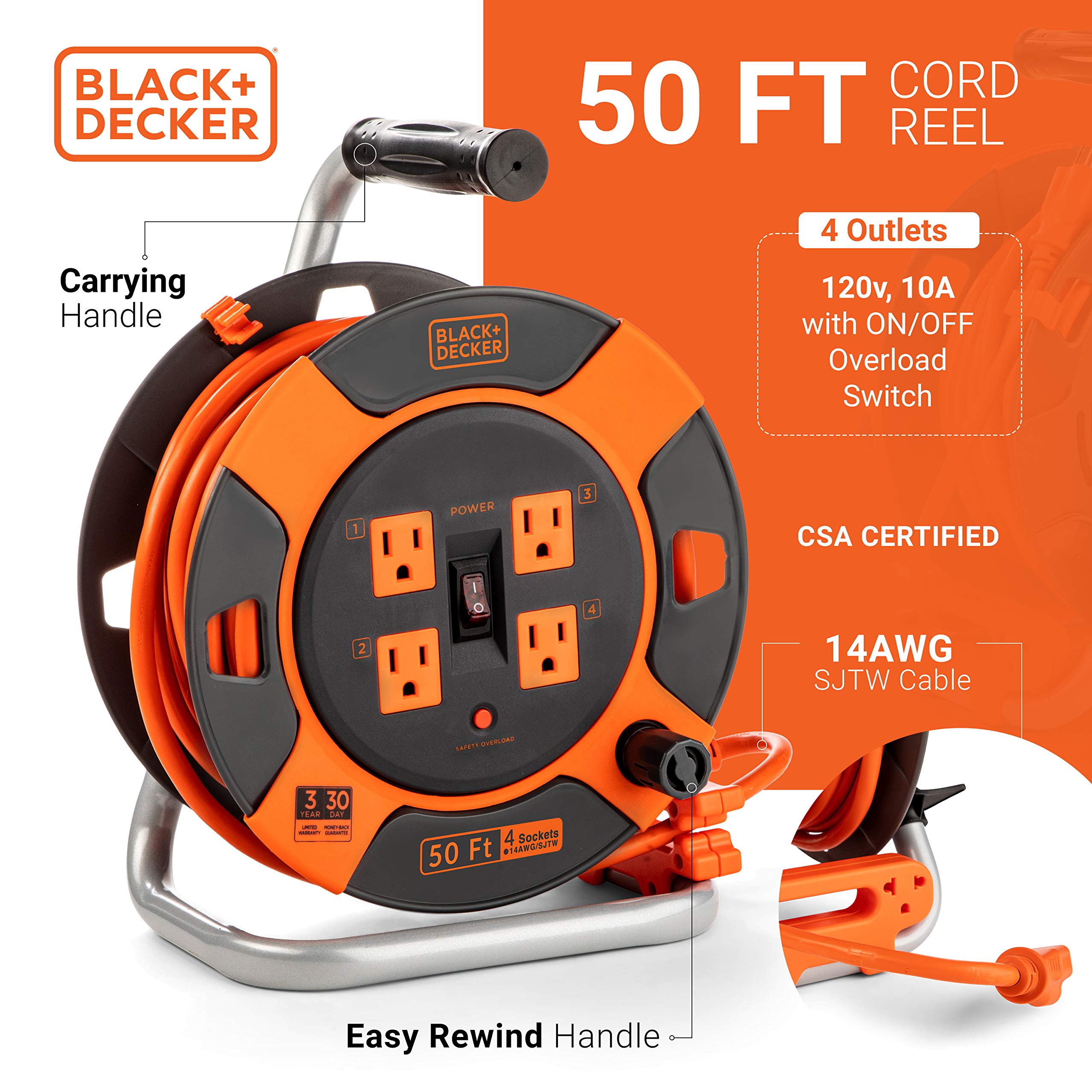 Black+Decker 50 Ft. Retractable Extension Cord Reel With 4 Outlets, Multi Plug Extension, Easy Handle Rewind & Heavy Duty 14Awg