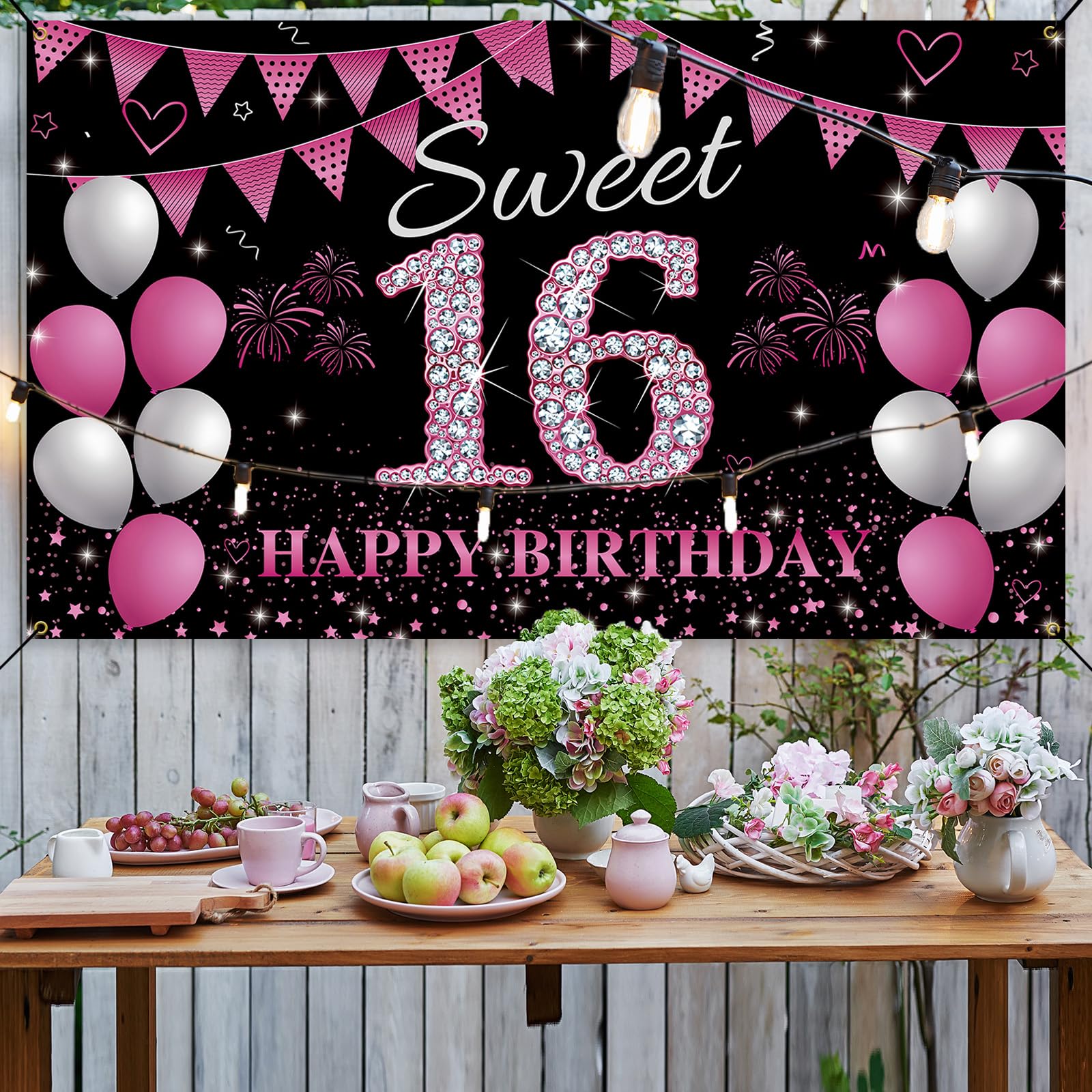 Htdzzi Sweet 16 Birthday Backdrop Banner Hot Pink, Sweet Sixteen Party Decorations, Happy 16Th Birthday Decorations For Girls, 1