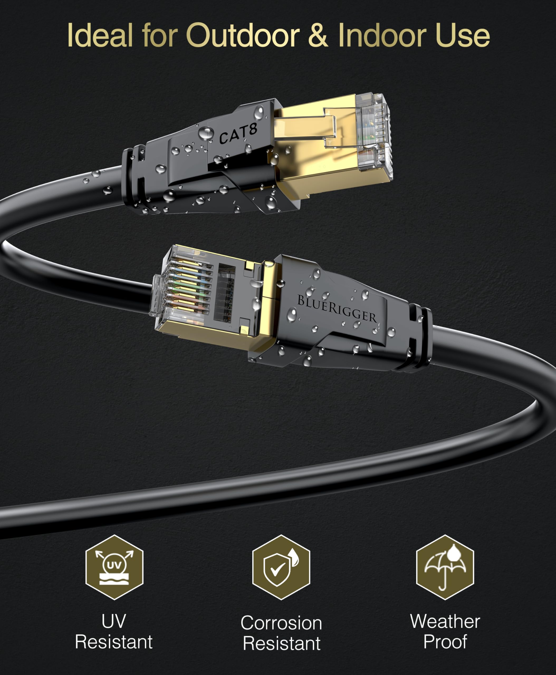 Bluerigger Cat 8 Outdoor Ethernet Cable   25Ft (Rj45, 40Gbps, 2000Mhz, Weatherproof, Uv Resistant Cat8 Internet Cable) High Spee