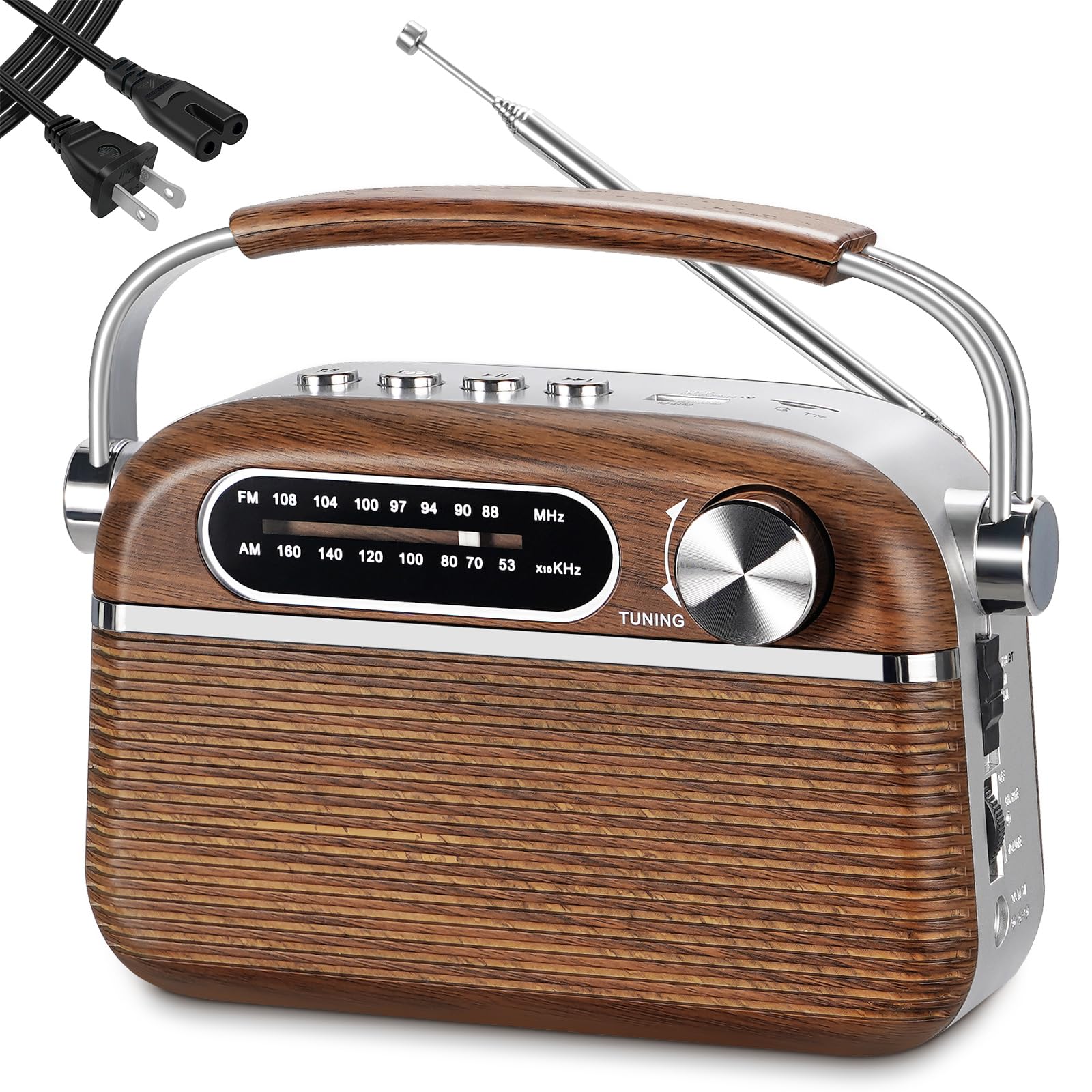 Prunus J 130 Retro Portable Am Fm Radio Ac Plug In Wall, Battery Operated Radio/Rechargeable Radio, Small Transistor Radio With Bluetooth, Vintage Wood Radio Support Tf Card/Usb Playing