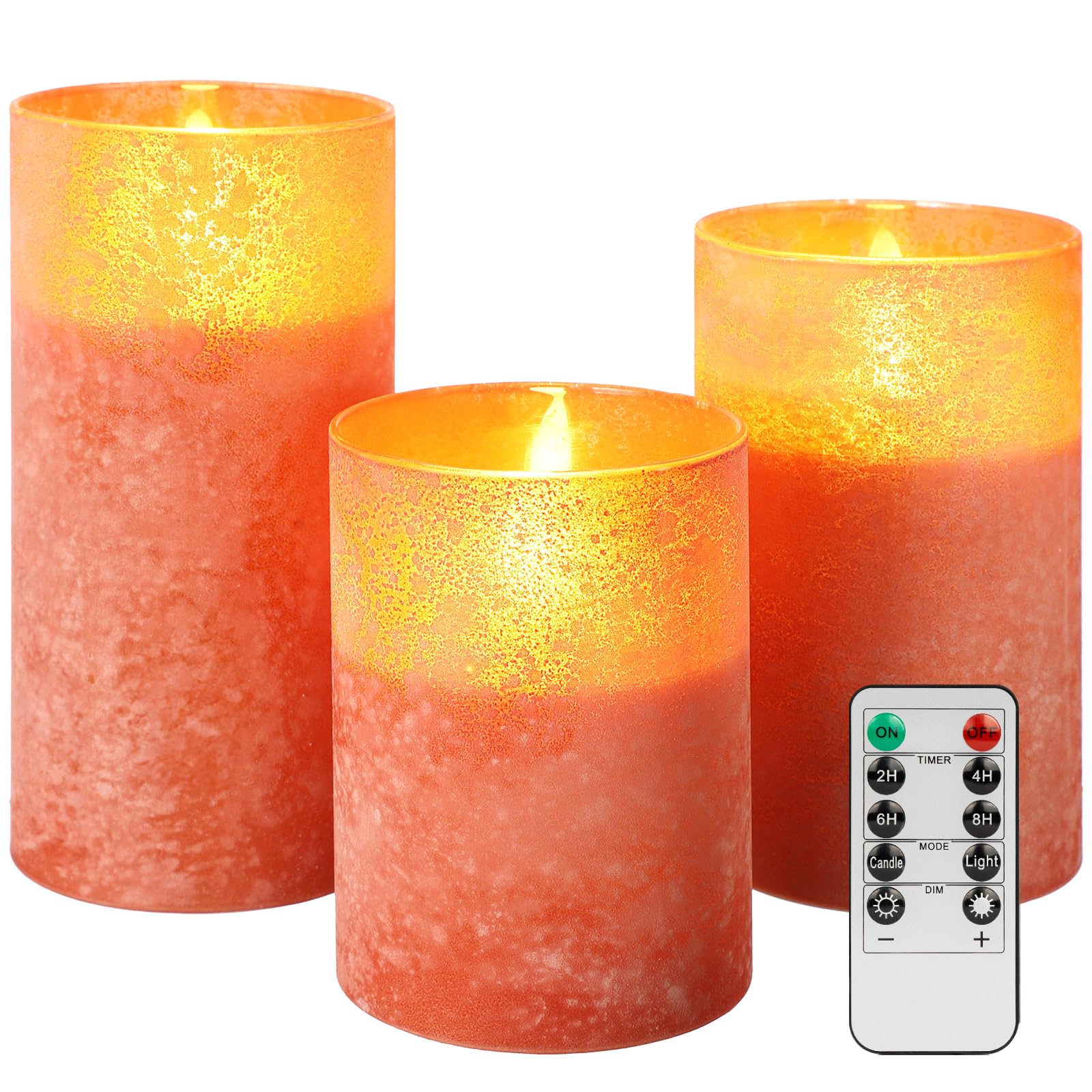 HJANDHJ Orange Flameless Candles, Sandblast Glass Battery Operated Candles with 10-Key Remote and Timer,Set of 3 Realistic Wax C