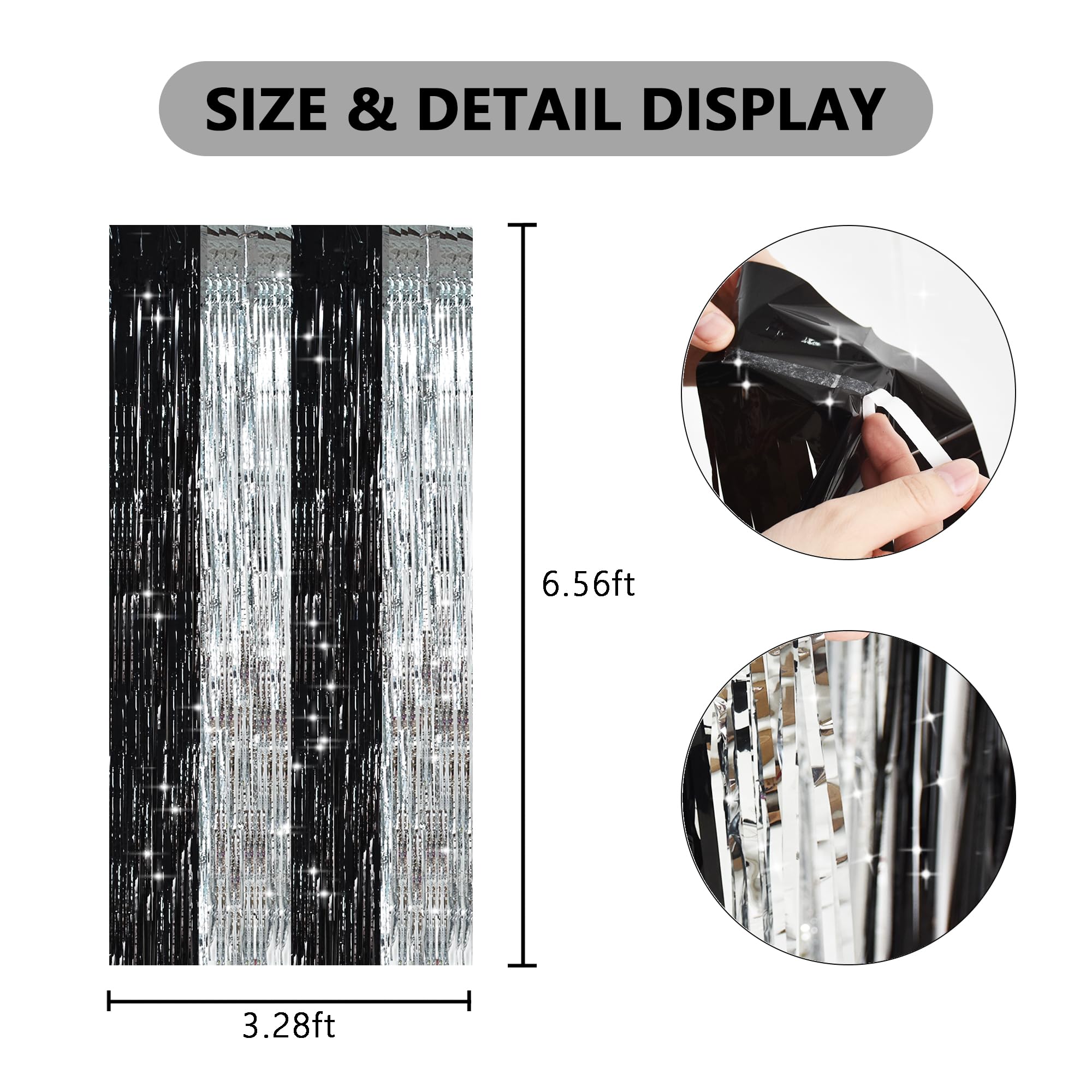 Toniful Silver Black Door Streamers,Silver And Black Photo Booth Backdrop Metallic Streamers Foil Fringe Curtain For Birthday,Ne