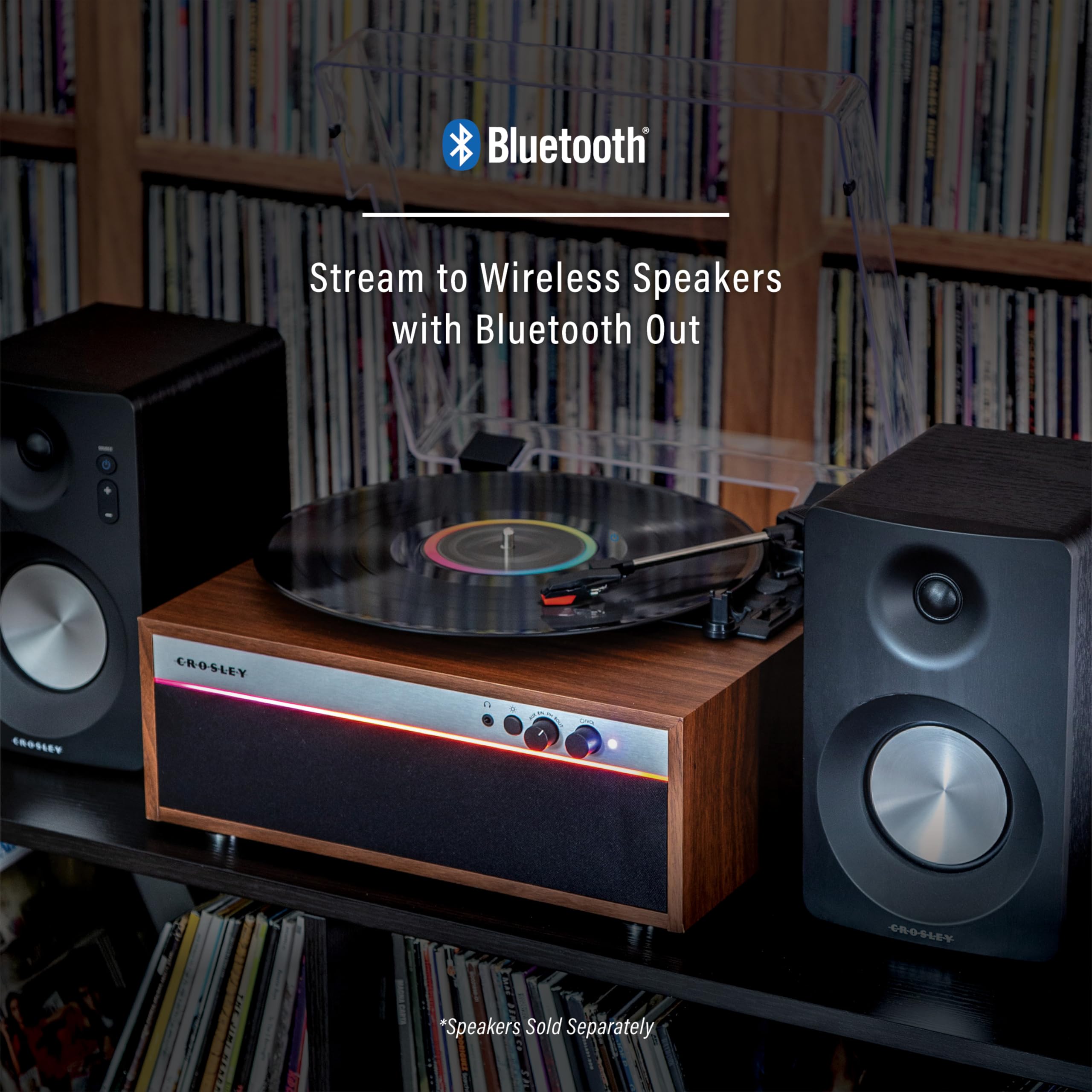 Crosley Cr6048A-Wa Strobe Bluetooth Vinyl Record Player With Music Sync Color Changing Led Lights, Walnut