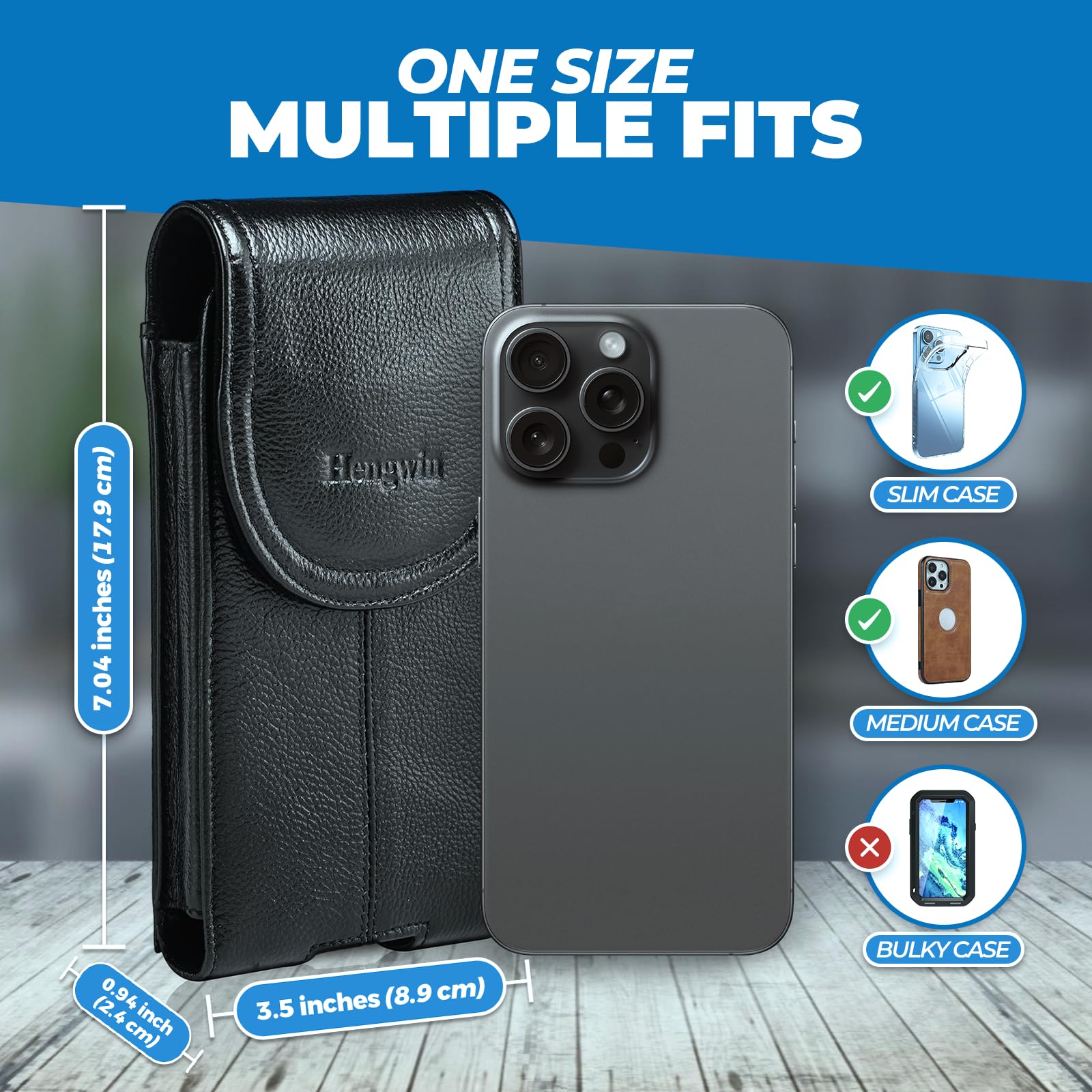 Hengwin Genuine Leather Phone Pouch Fits For Iphone 16 Pro Max 15 Plus 14 Pro Max Samsung Galaxy A54 A12 Note 20 9 8 S23 Plus S2