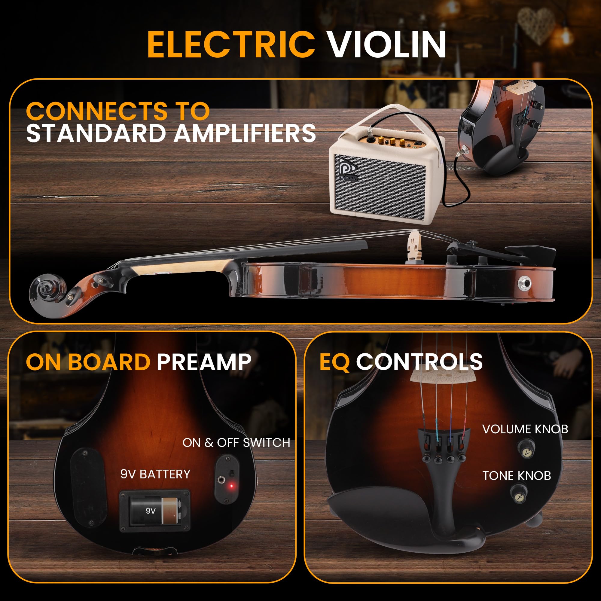 Pyle 4/4 Silent Electric Violin With Amplifier Kit, Solid Wood Fiddle With 10W Amp And Complete Accessories, Full Size Orchestra