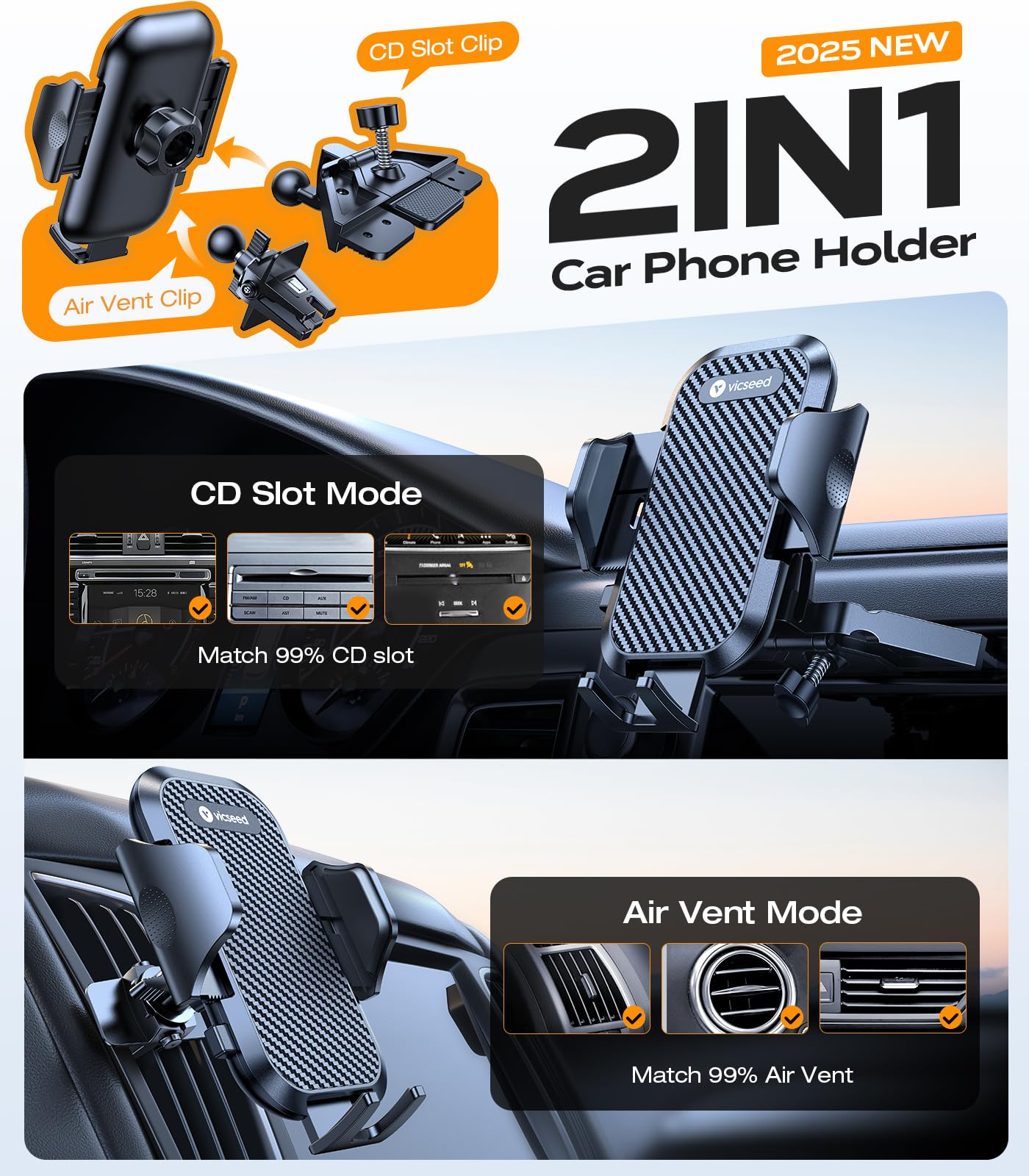 Vicseed Military-Grade Sturdy Car Phone Holder Mount, Upgraded Anti Shake Metal Cd Slot & Air Vent Thick Case Friendly Phone Mou
