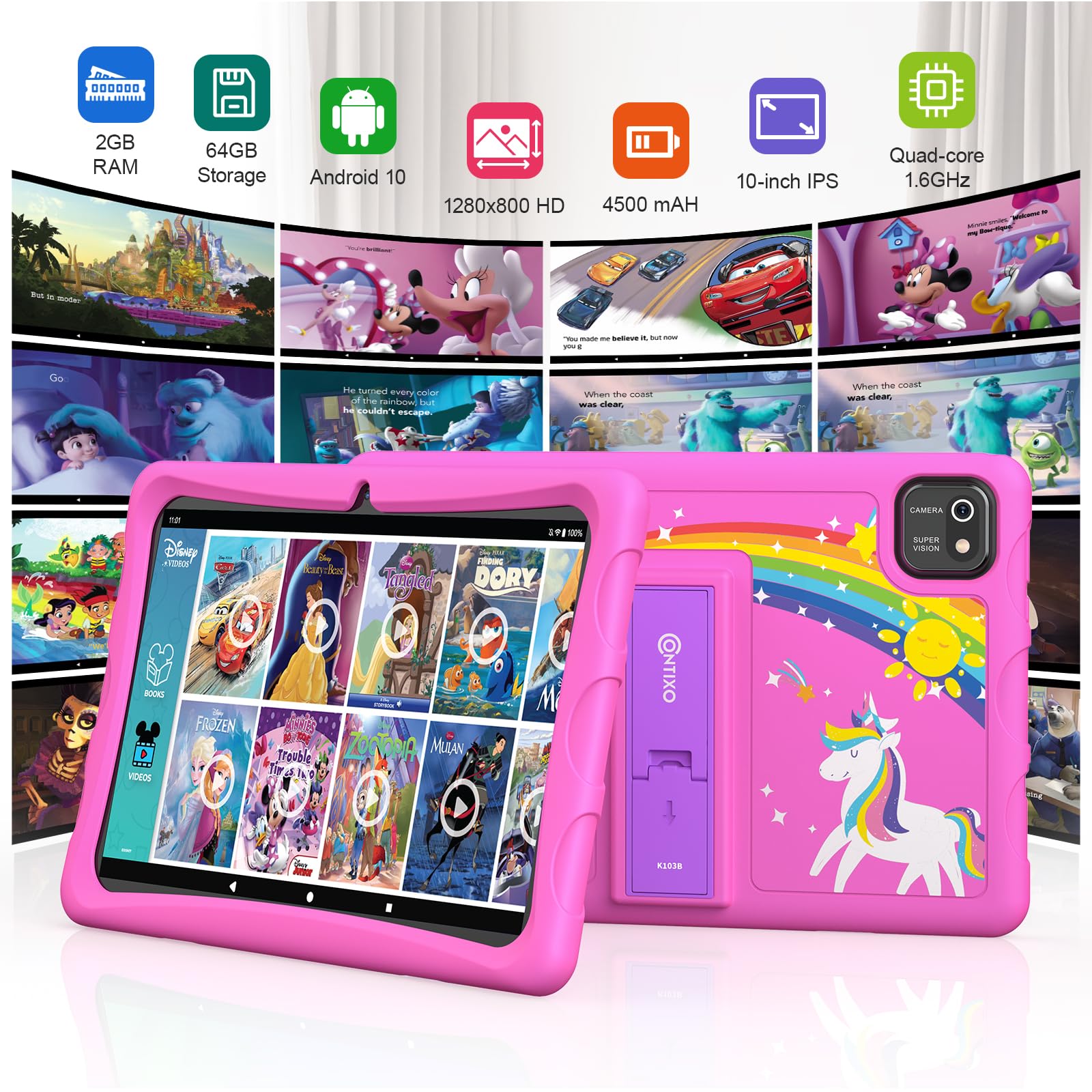 Contixo K103B Kids Tablet   Tablet For Kids Toddler With 80 Disney Edition Pre Installed, 10 Inch, 64Gb, Android Learning Tablet For Children, Kid Proof Case (Pink)