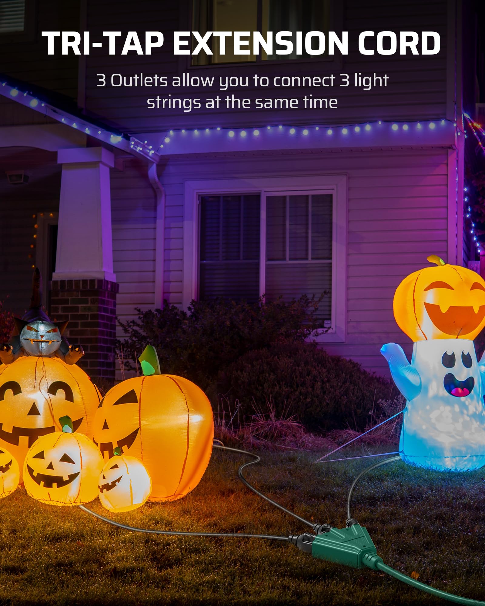 Dewenwils 25 Ft Green Outdoor Tri Tap Extension Cord Splitter For Halloween, Weatherproof 16/3 Sjtw Power Cable For Christmas Li