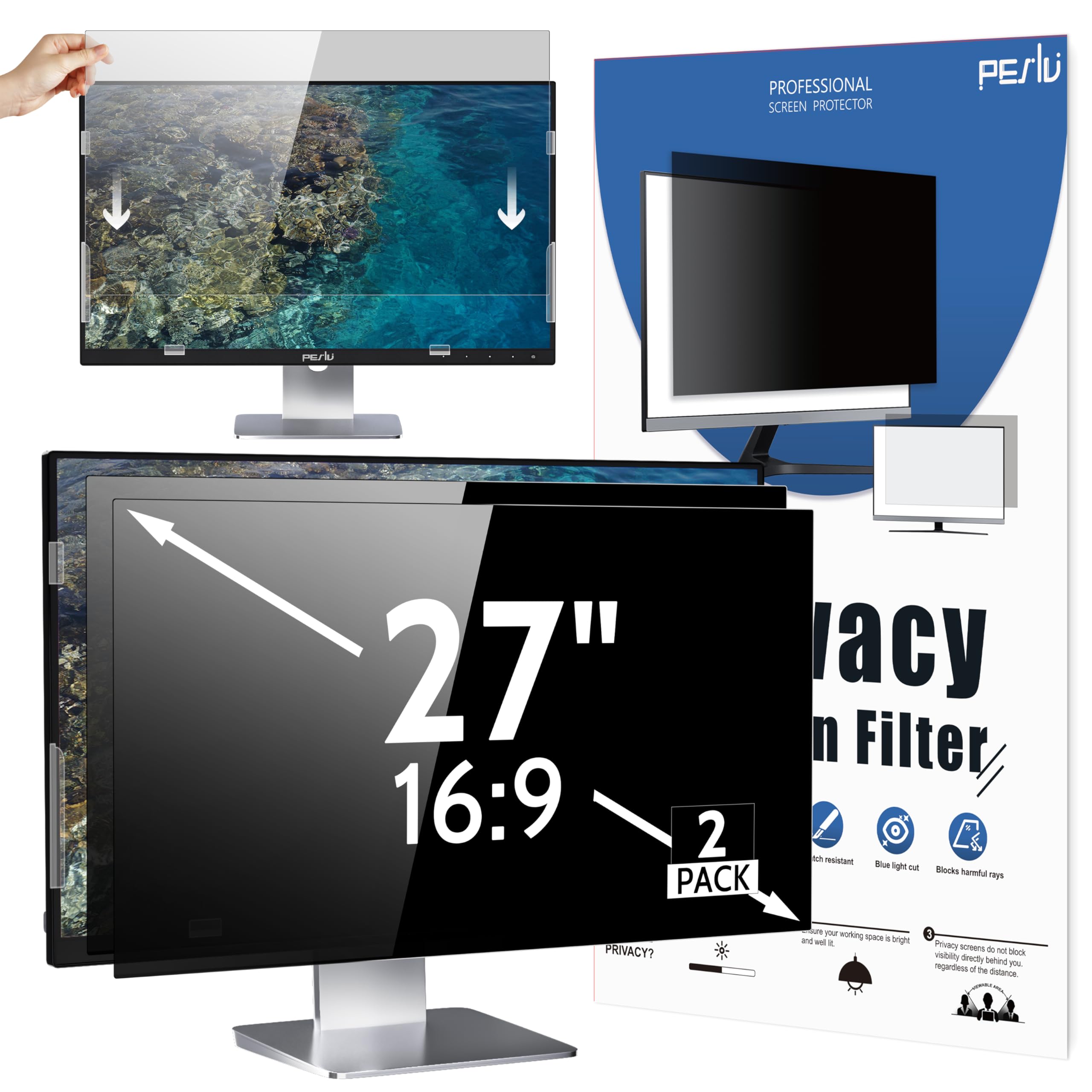 Peslv 2 Pack 27 Inch 16:9 Computer Privacy Screen For Widescreen Monitor, 27Inch Removable Anti Blue Light Glare Eye Protection 