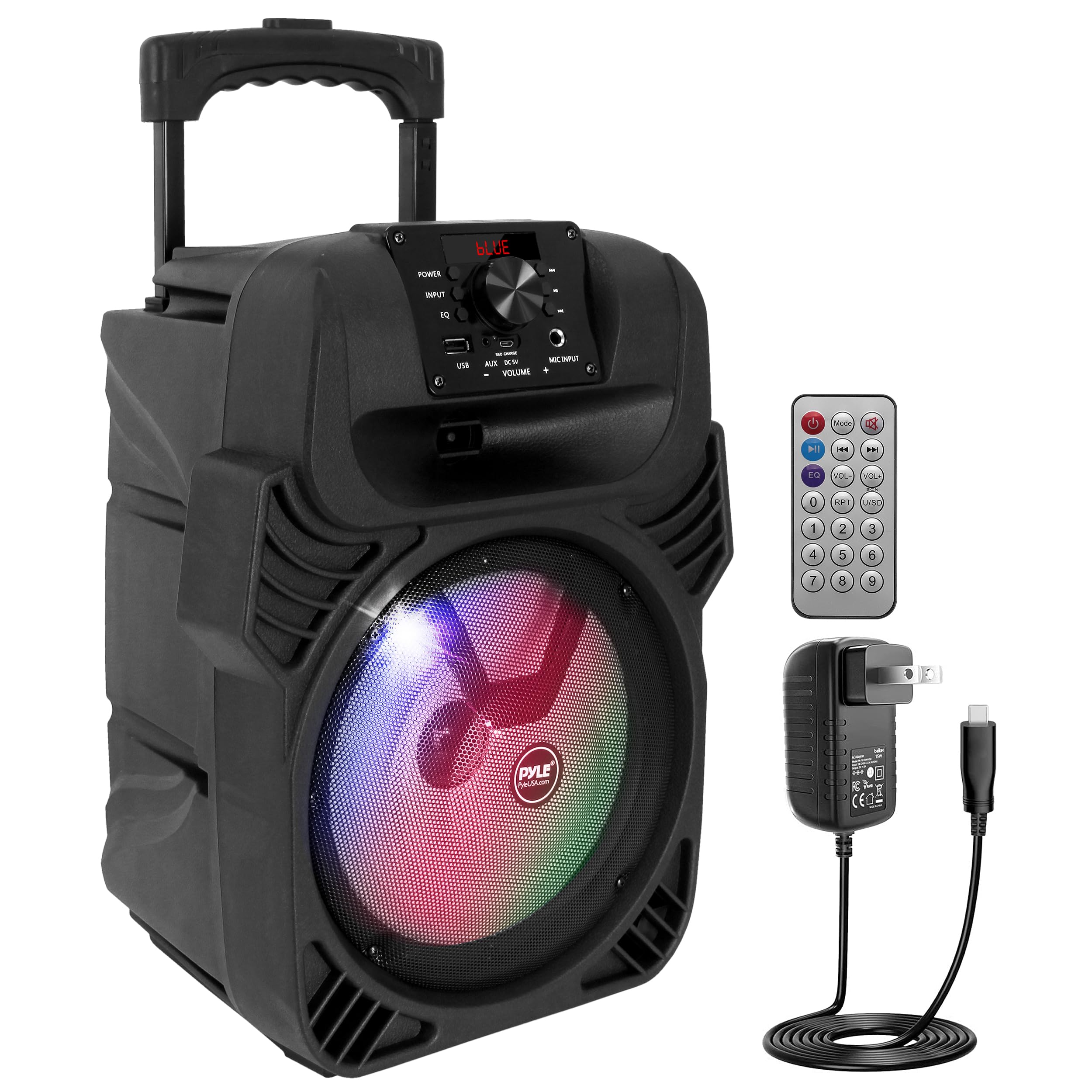 Pyle 400W Portable Bluetooth PA Loudspeaker - 8    Subwoofer System, 4 Ohm/55-20kHz, USB/MP3/FM Radio/  Mic Inputs, Multi-Color 