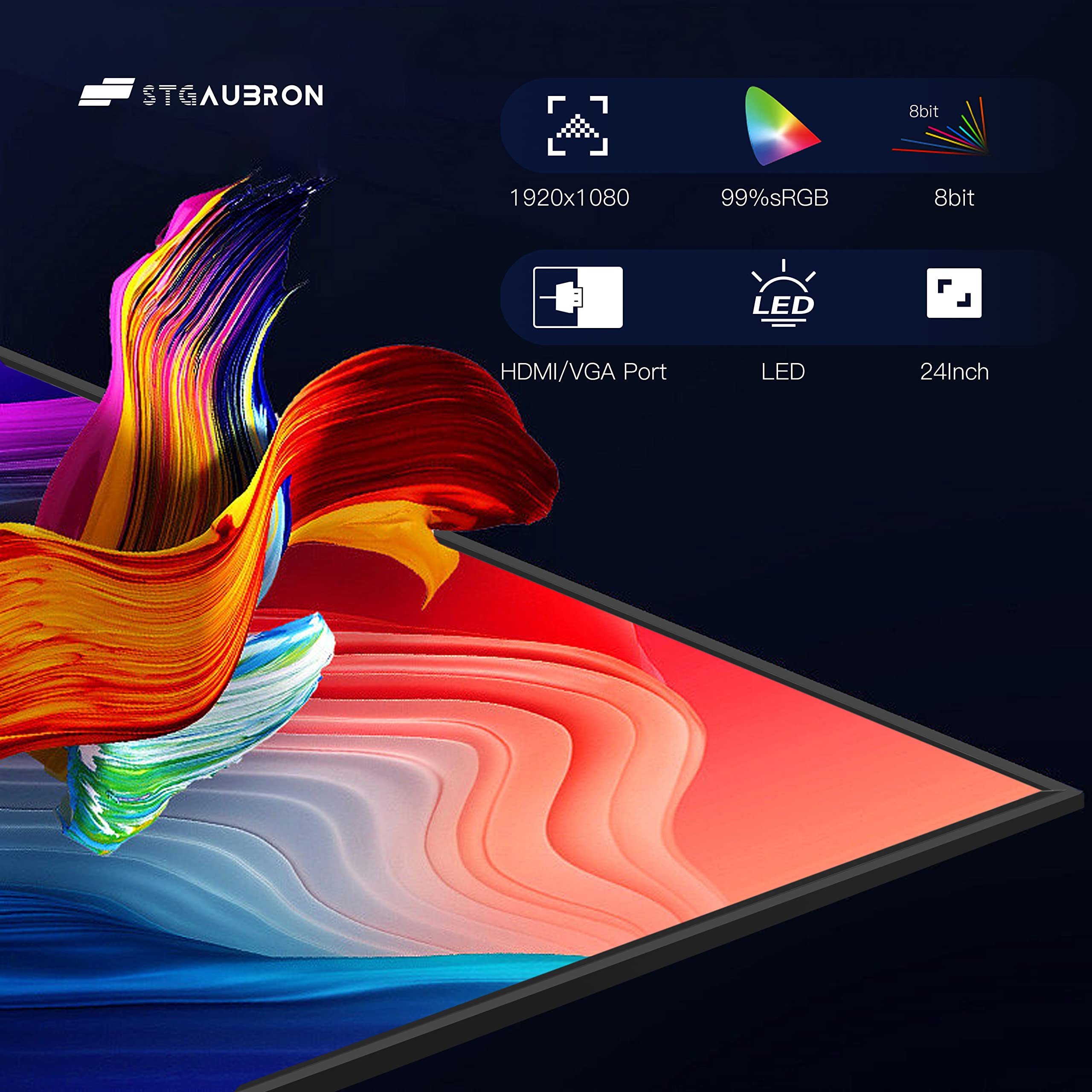 Stgaubron 24 Inch Gaming Computer Monitor, Fhd 1920 X 1080P Office Pc Led Display, 99% Srgb, Hdmi, Vga, Ergonomic Tilt Adjustmen