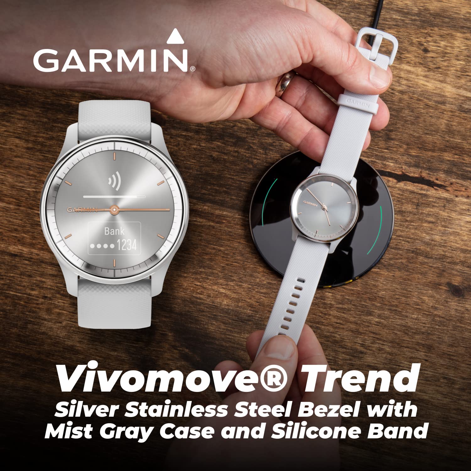 Wearable4U Garmin Vivomove Trend 40 Mm Smartwatch, Silver Stainless Steel Bezel With Mist Gray Case - 2023 Unisex Analog Fitness