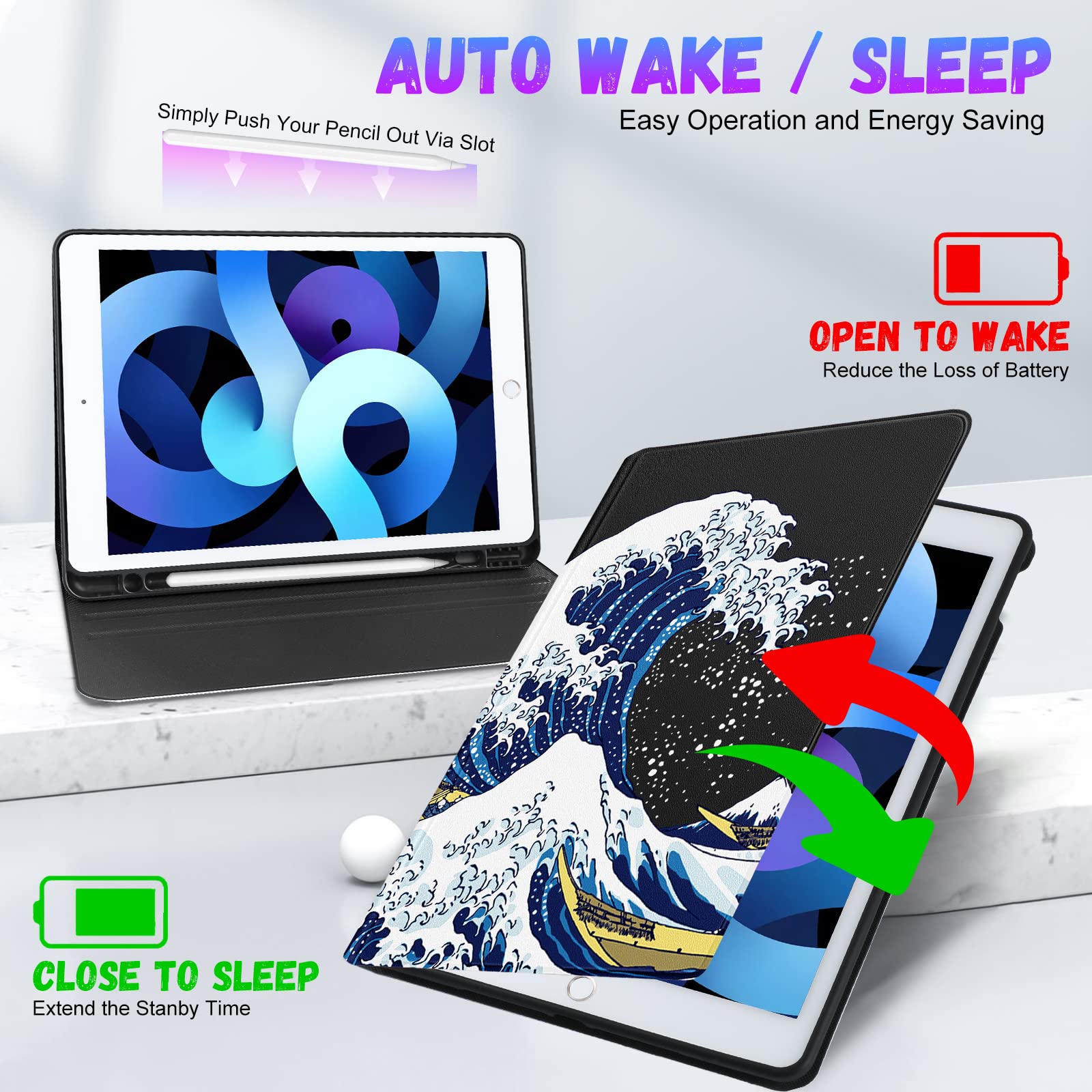 Uppuppy For Ipad 9Th/8Th/7Th Generation Case 10.2 Inch Cute Boys Kids Folio Smart Cover With Pencil Holder Great Wave Design Men