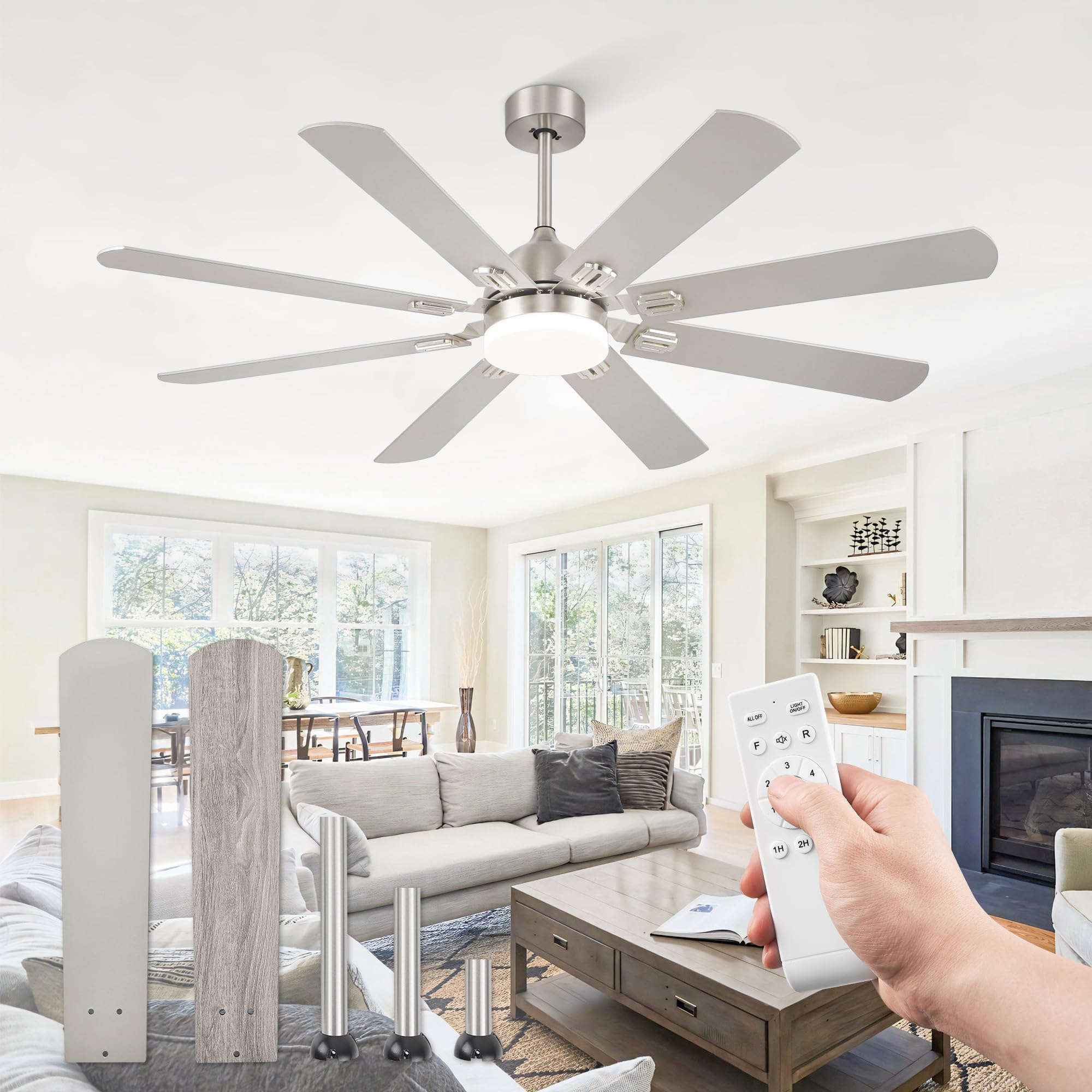 Fanbulous 62 Inch Ceiling Fans With Lights,Nickel Modern Ceiling Fan With Remote,Large Farmhouse Indoor & Outdoor Ceiling Fan Wi