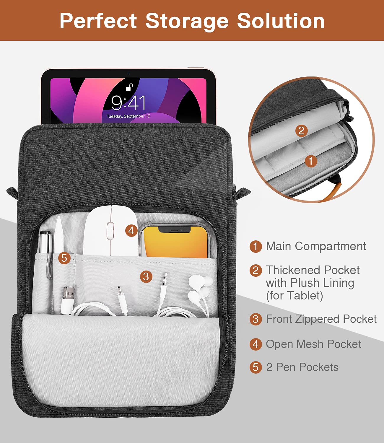 MoKo 9 11 Inch Tablet Sleeve Bag Handle Carrying Case with Shoulder Strap Fits New 11 inch iPad Pro M4/iPad Air M2, iPad 10th 10.9, iPad 9/8/7th 10.2, iPad Air 5/4th 10.9, Tab S8/S9 11, Black & Gray