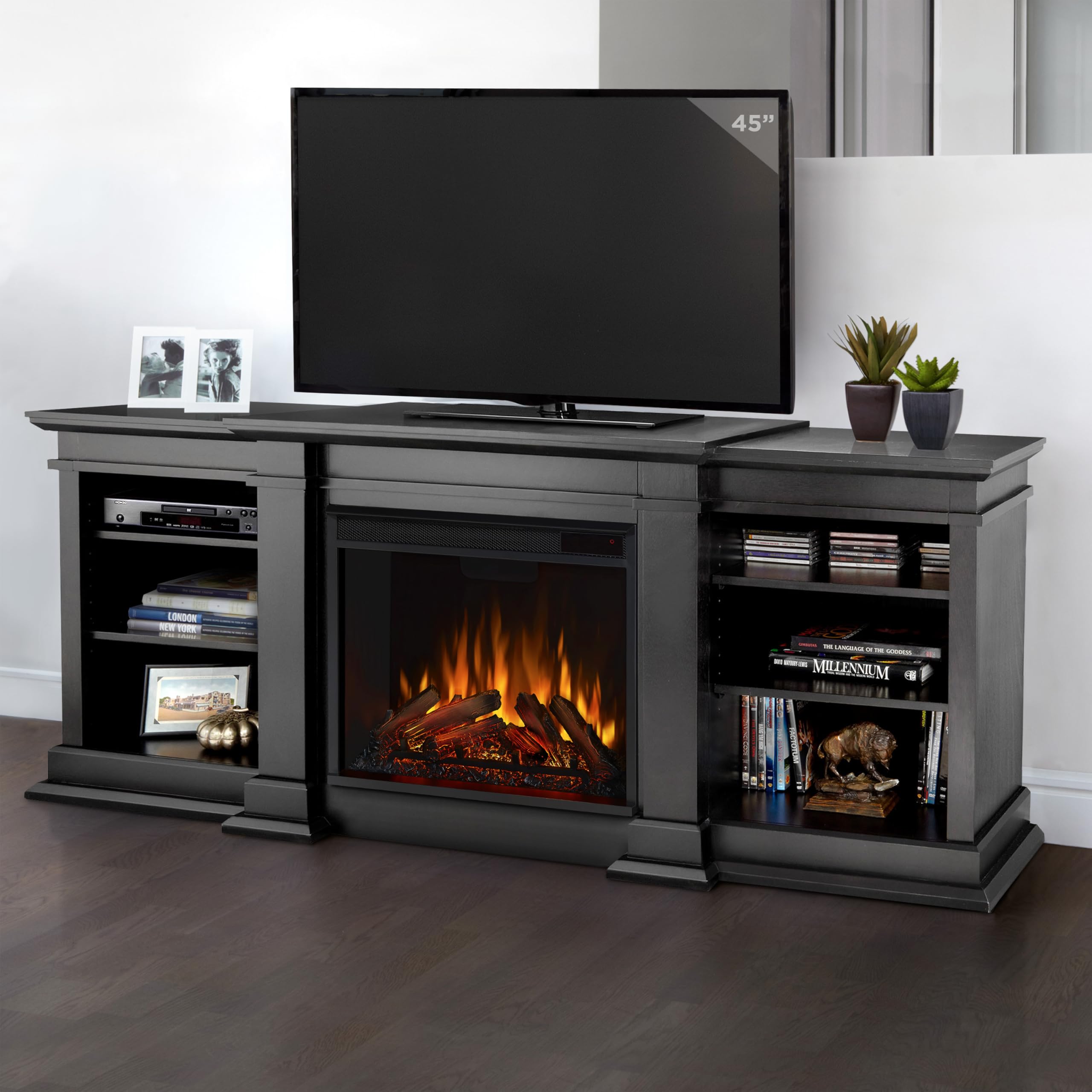 Real Flame Fresno 72'' Tv Stand With Electric Fireplace In Black, Entertainment Center With Electric Fireplace, Living Room Tv S