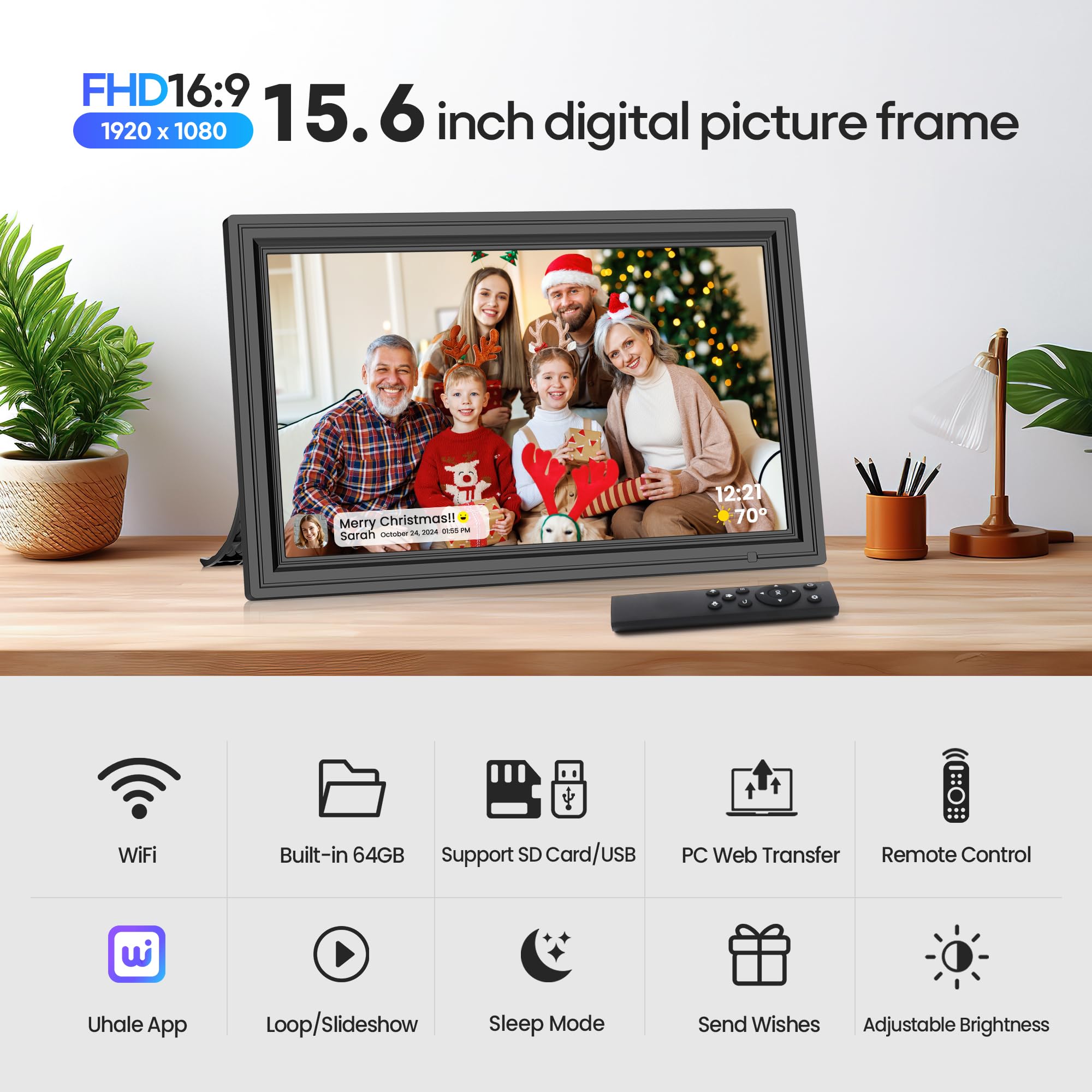 Uhale 15.6 Large Digital Picture Frame 64Gb, Wifi Electronic Photo Frames 1920 X 1080 Ips Fhd With Remote Control, Wall-Mounted,
