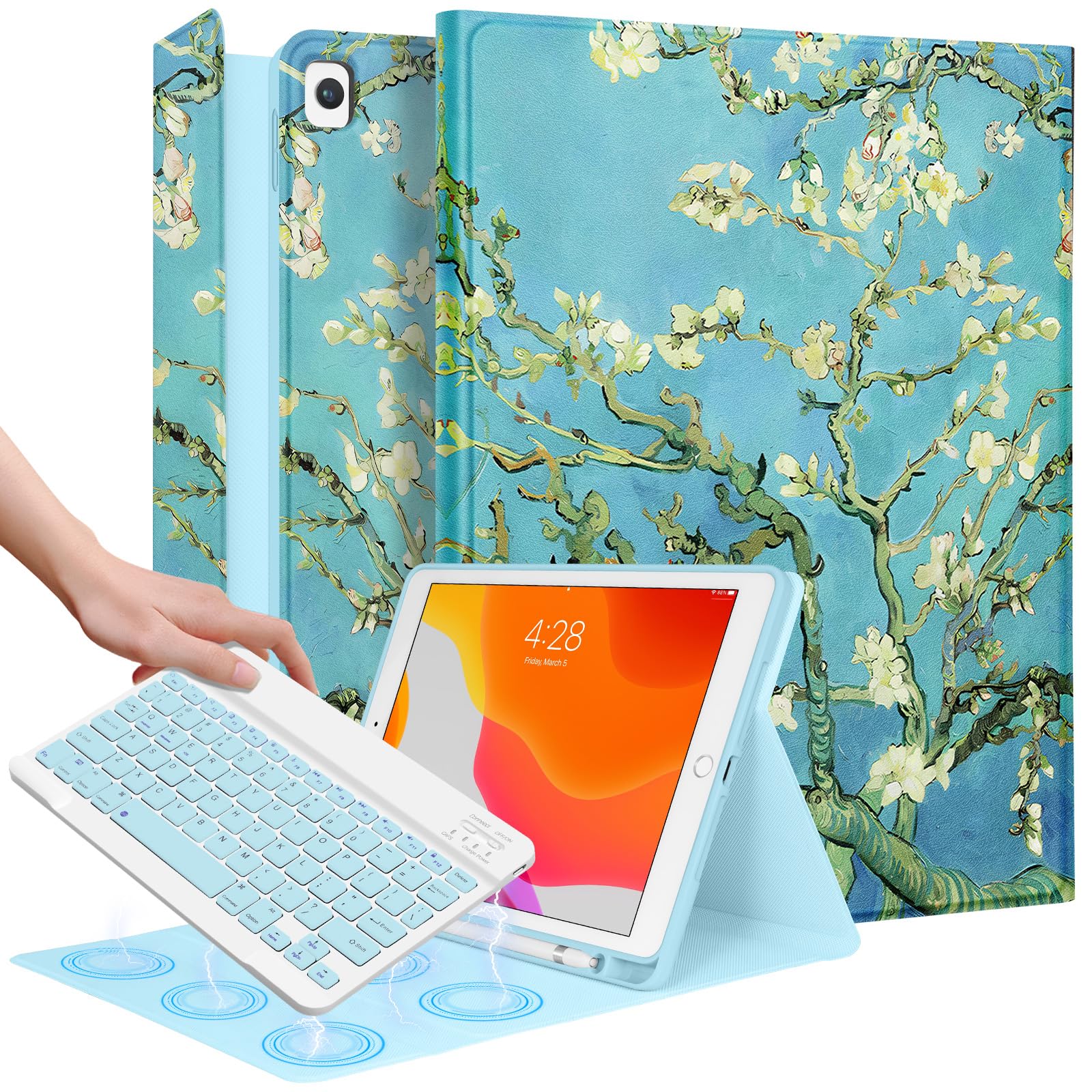 Wazzasoft for iPad 9th/8th/7th/Air 3rd Generation/Pro 10.5 Inch Case Keyboard Pencil Holder Folio Tablet Cover Women Girls Cute 