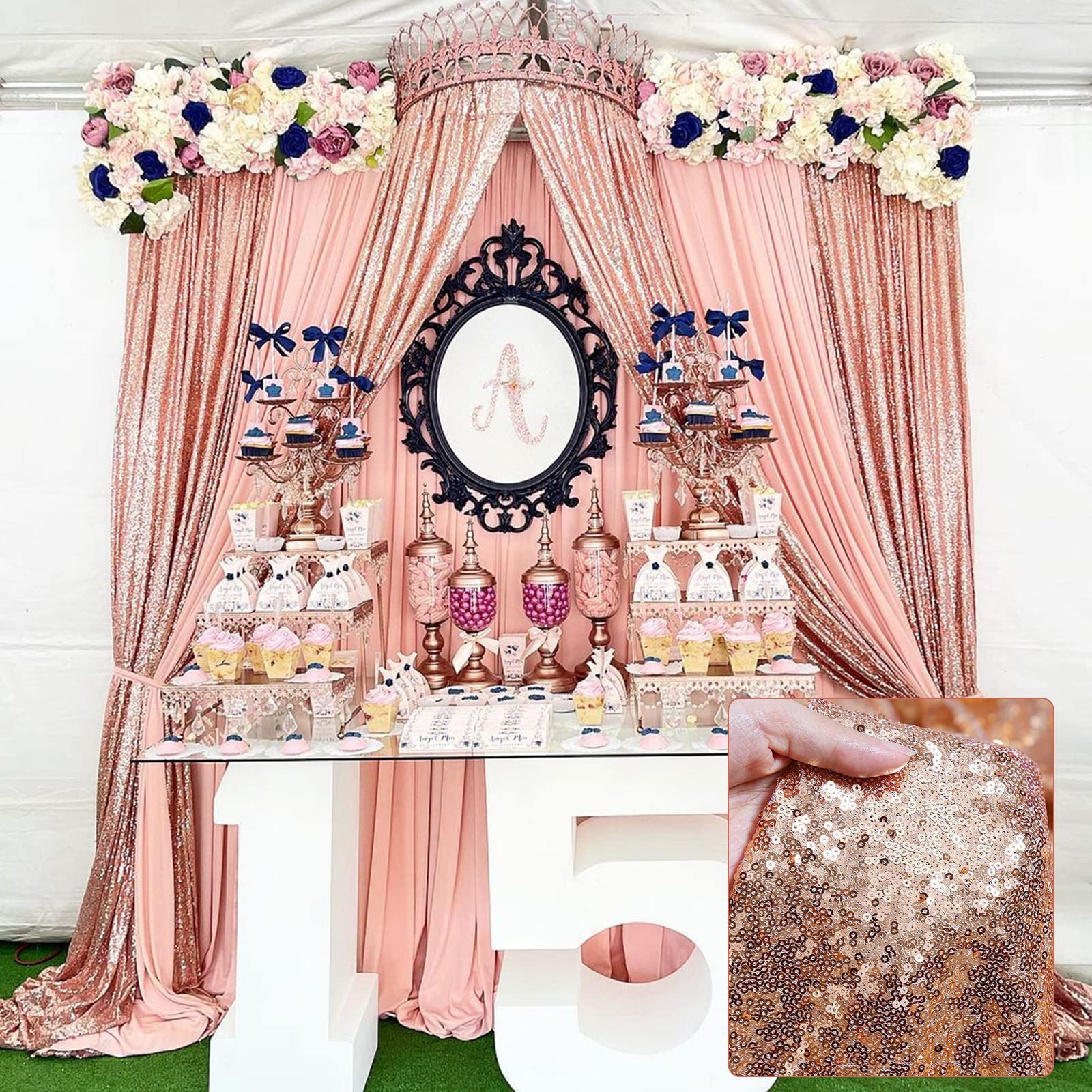 Backdrop Curtain Drapes 2 Panels Rose Gold Party Sequin Background 2Ft X 8Ft Wedding Ceremony Birthday Decorations Shimmer Fabri