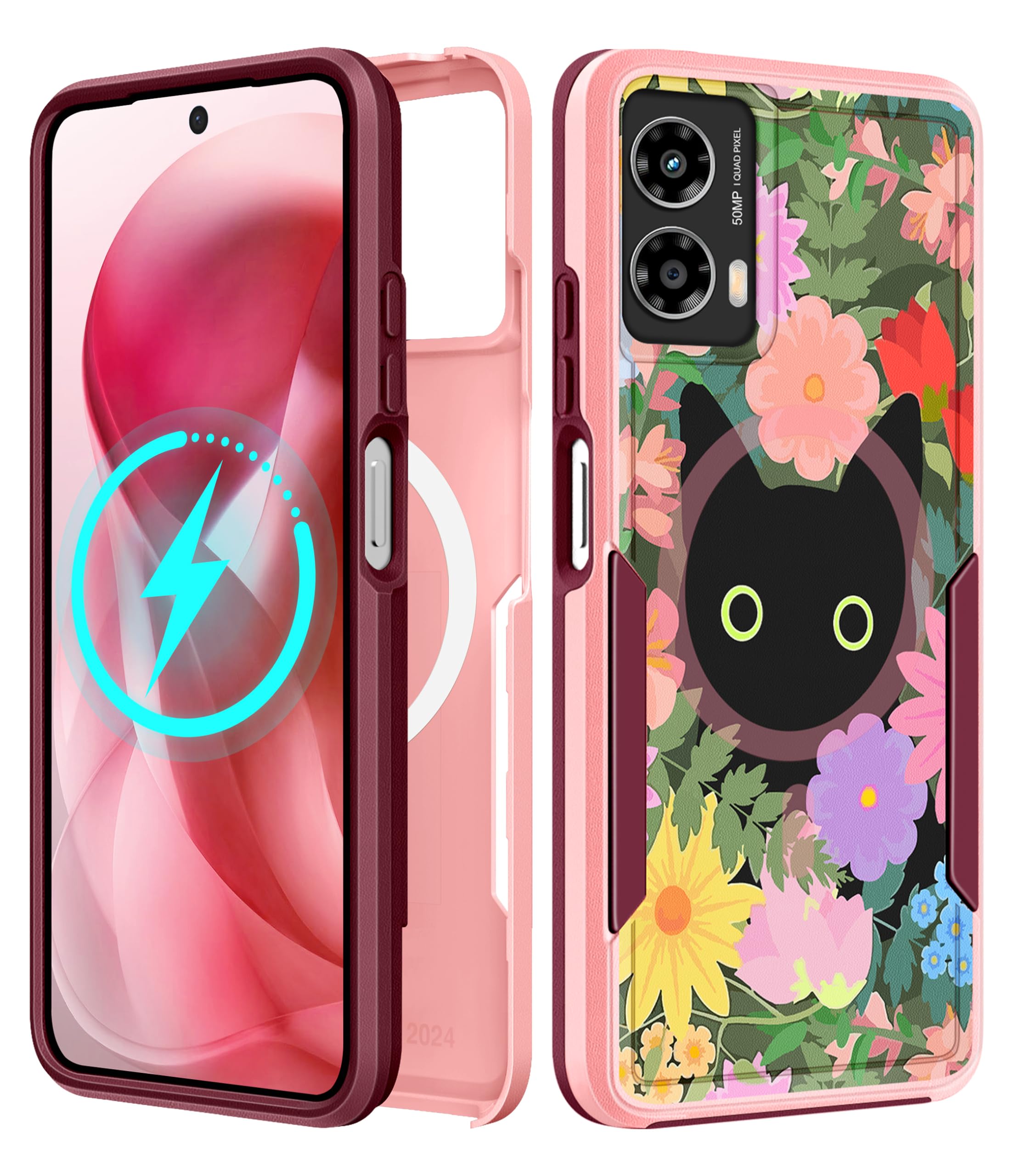LISEVO for Moto G Power 5G 2024 Case - Compatible with MagSafe Women Girls Cute Magnetic Phone Cover Girly Cat Flower Floral Hea