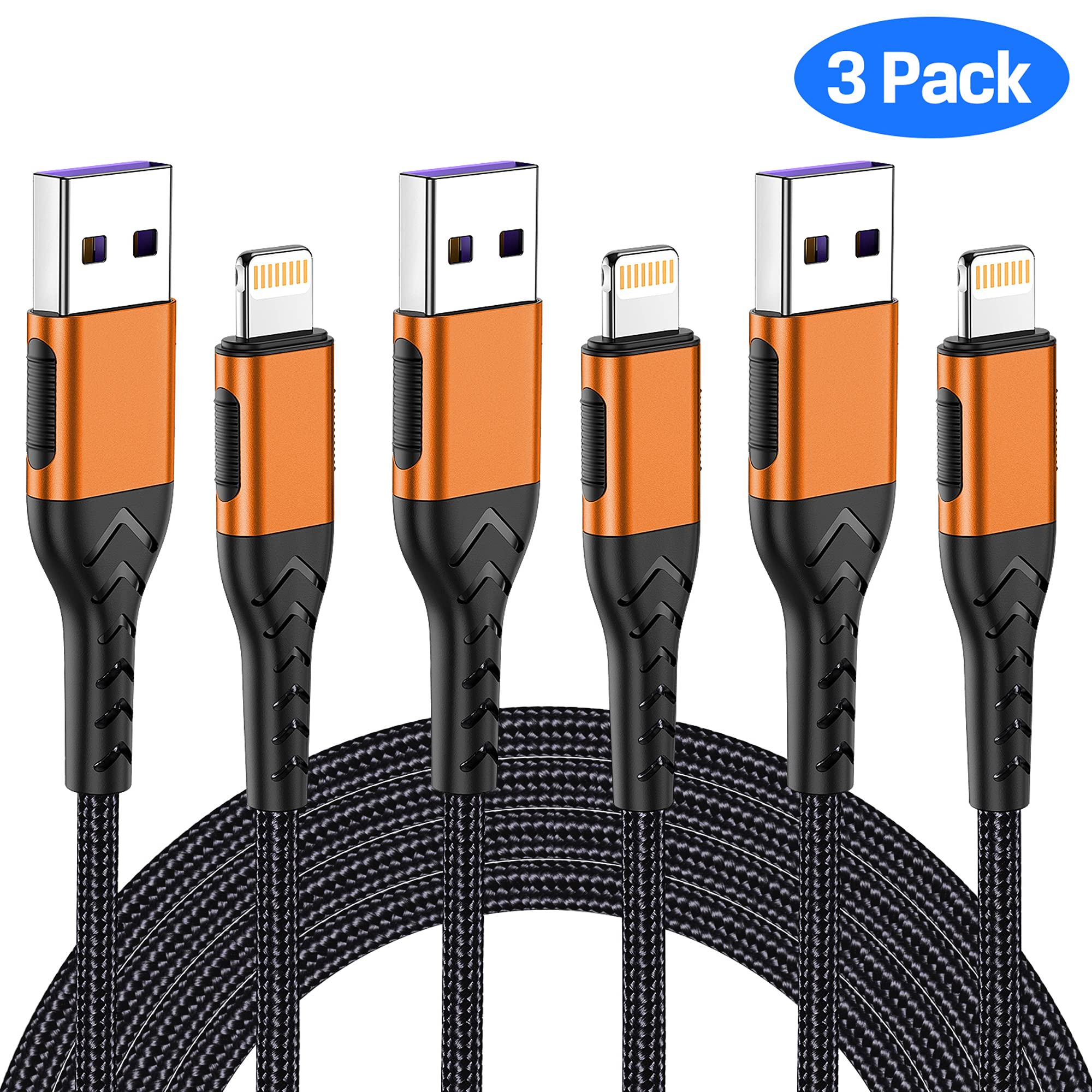 Durcord Iphone Charger, [Mfi Certified] 3Pack 6Ft Lightning Cable For Usb A Charger Cable, Fast Iphone Charging Cord Compatible With Iphone Xs Max/Xs/Xr/X/8/7/6S/6/Plus/Se/Ipad(Orange)