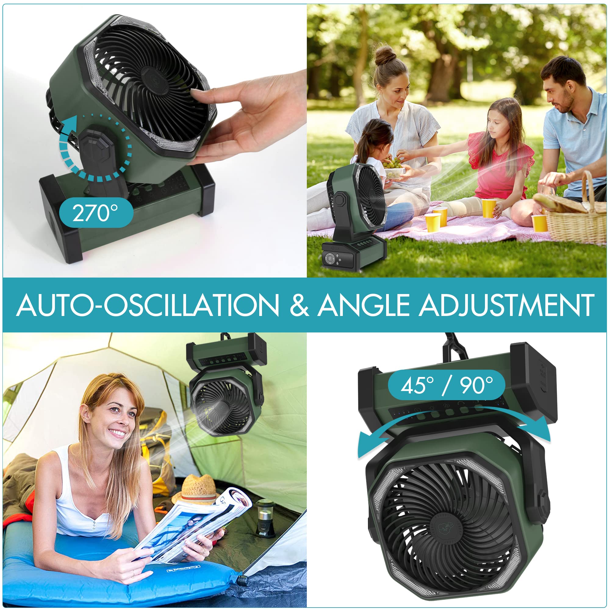 Kitwlemen 20000Mah Camping Fan With Led Light, Auto Oscillating Desk Fan With Remote & Hanging Hook, Rechargeable Battery Operat