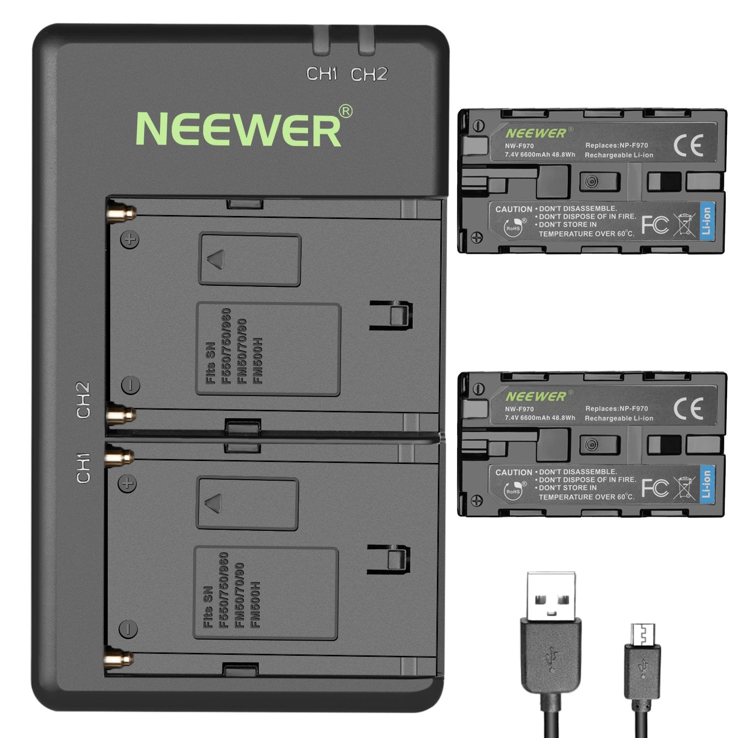 Neewer 2 Pack 6600Mah Li Ion Battery With Usb Charger For Sony Np F550 570 750 770 970 960 975,Sony Handycams,Nw Cn160 Cn 216 Le