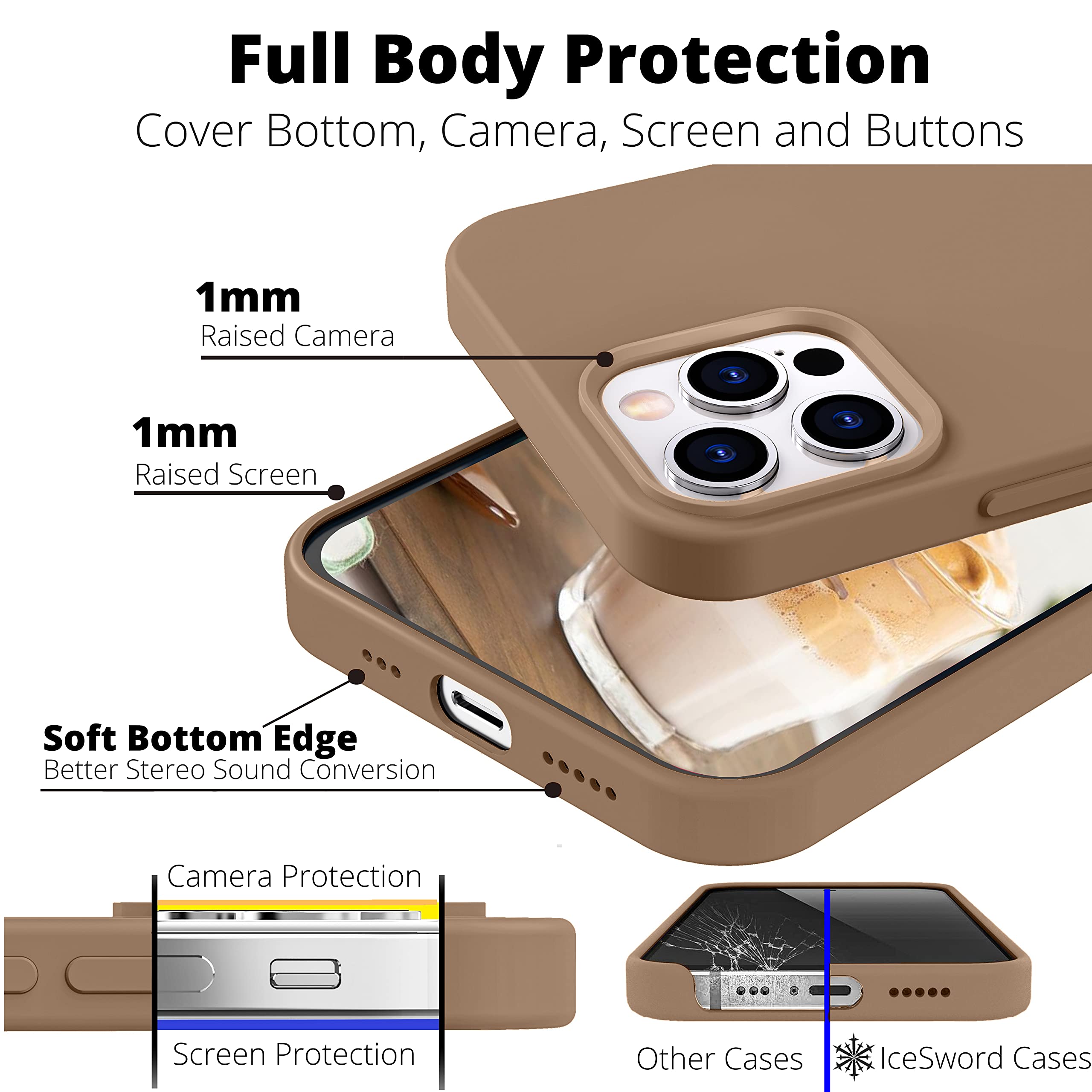 Icesword Iphone 12 Mini Case Milk Tea, Thin Liquid Silicone Case, Matte Pure Color, Soft Silk Microfiber Cloth, Gel Rubber Full