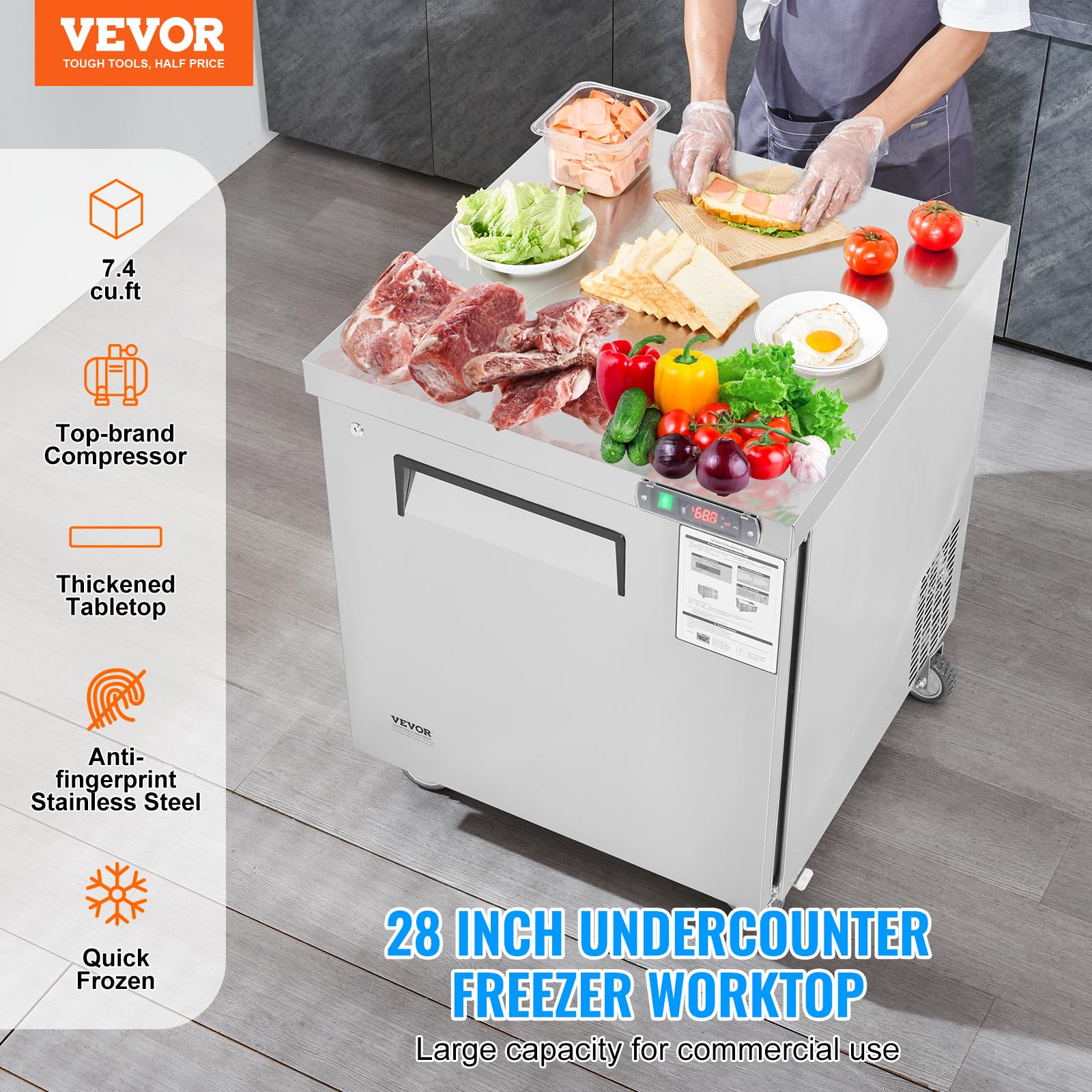 Vevor 28 W Commercial Freezer Worktop, 7.4 Cu. Ft Undercounter Freezers With/Casters, Defrost Frozen Prep Table, Single Door Sta