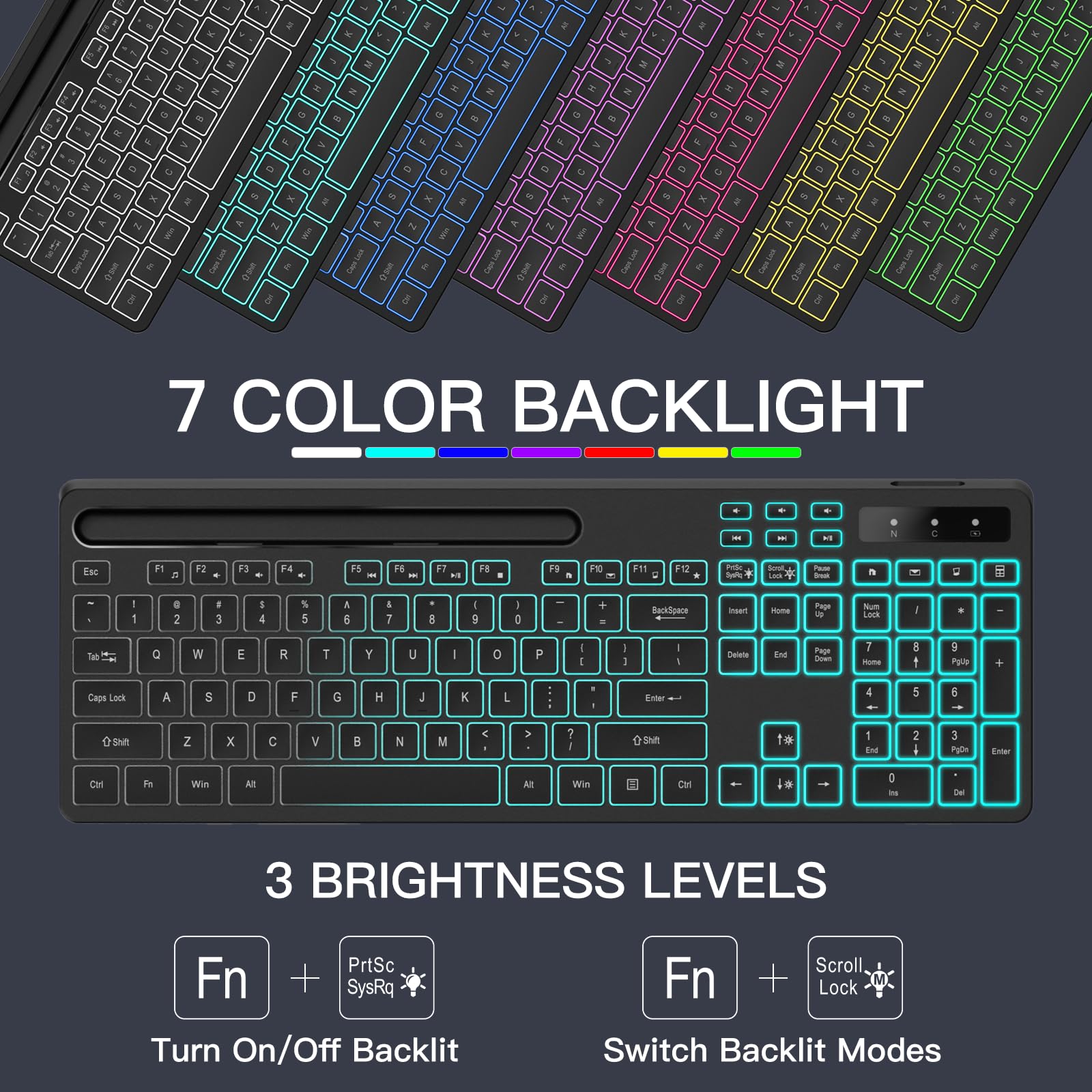 Soueto Wireless Keyboard With 7 Color Rgb Backlit, Full Size Computer Keyboard With Phone Tablet Holder, Rechargeable 2.4G Wirel