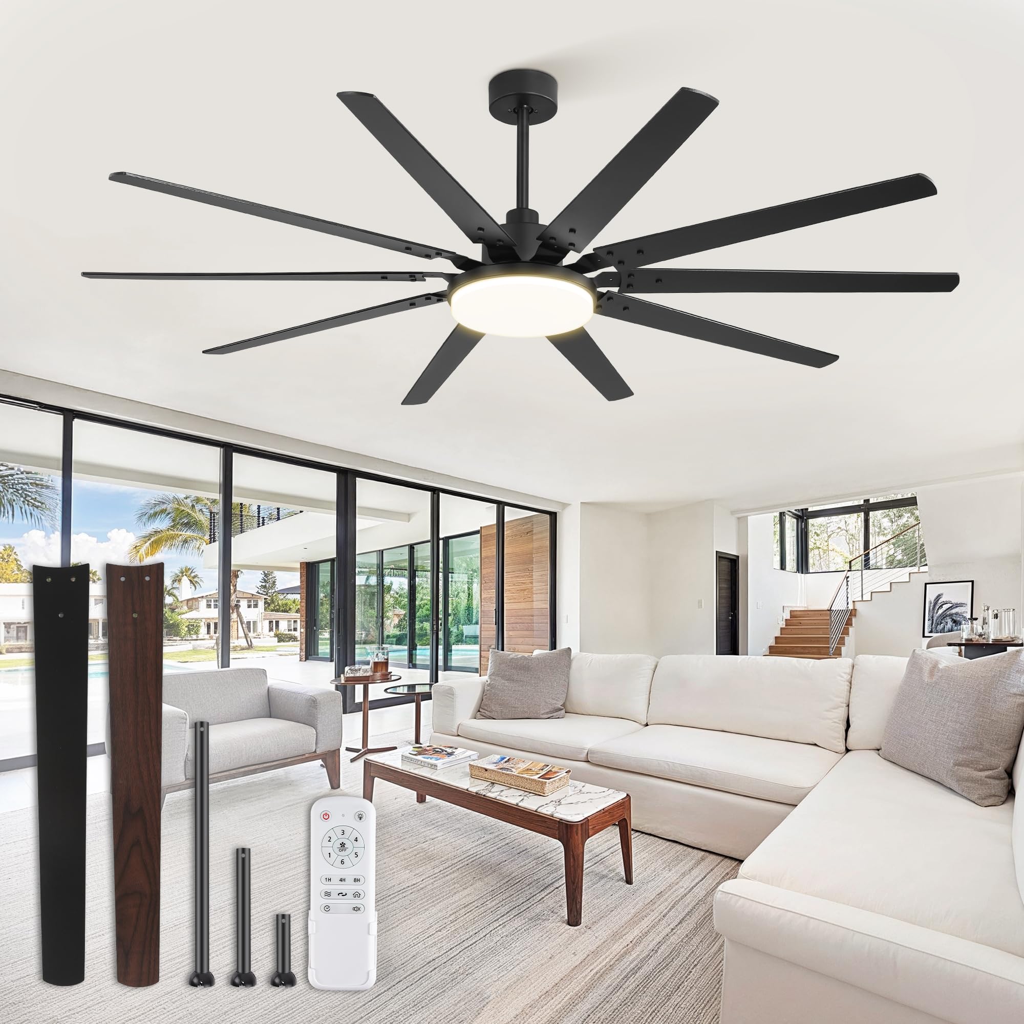 72 Inch Large Ceiling Fans With Lights And Remote, Outdoor Black Ceiling Fan With 10 Blades, 32W Led Light 3 Cct, 6 Speed Revers