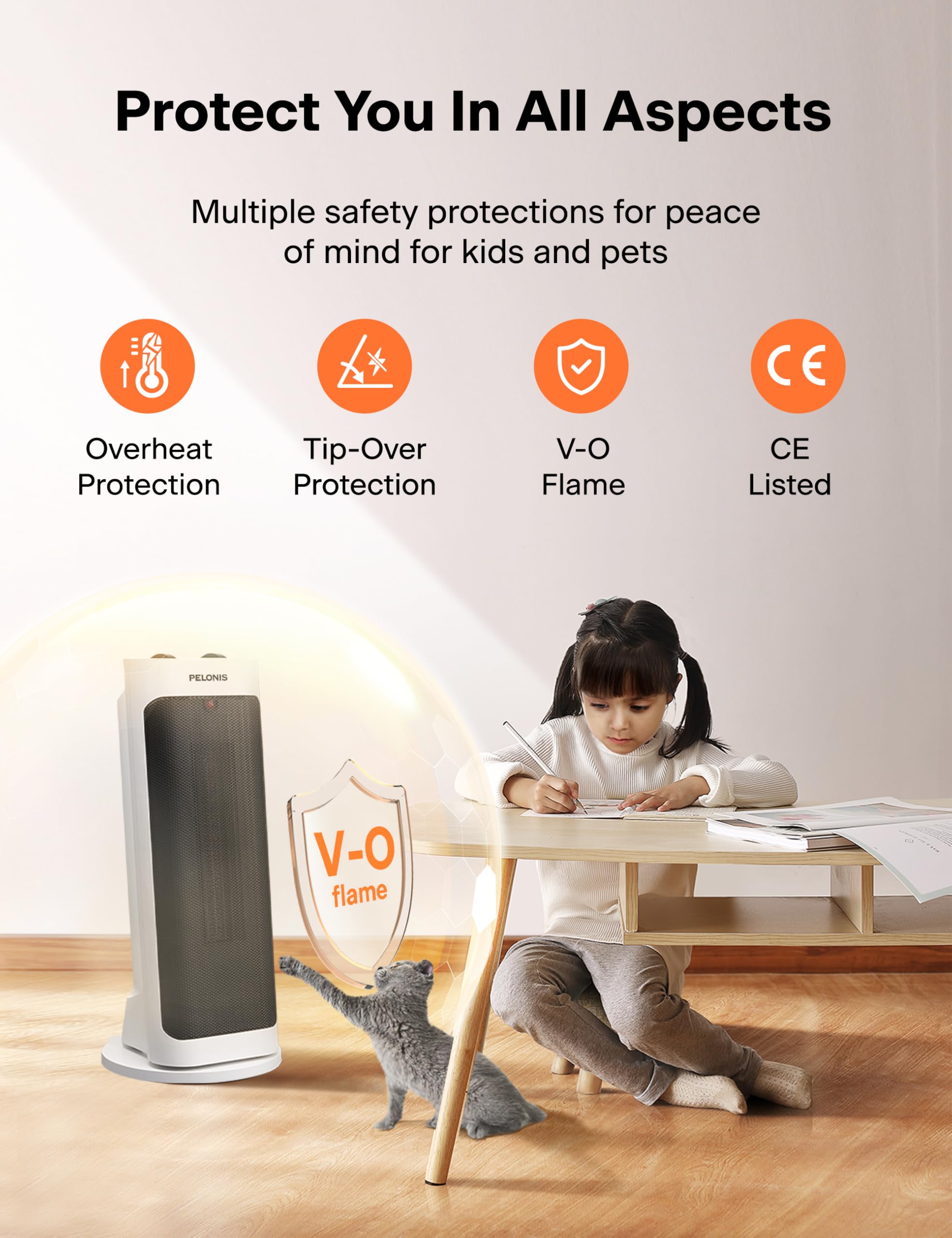 Pelonis Portable Space Heater With 70 Oscillation & Thermostat, Quiet Electric Desk Heater For Indoor Use, Easy Control, Over He