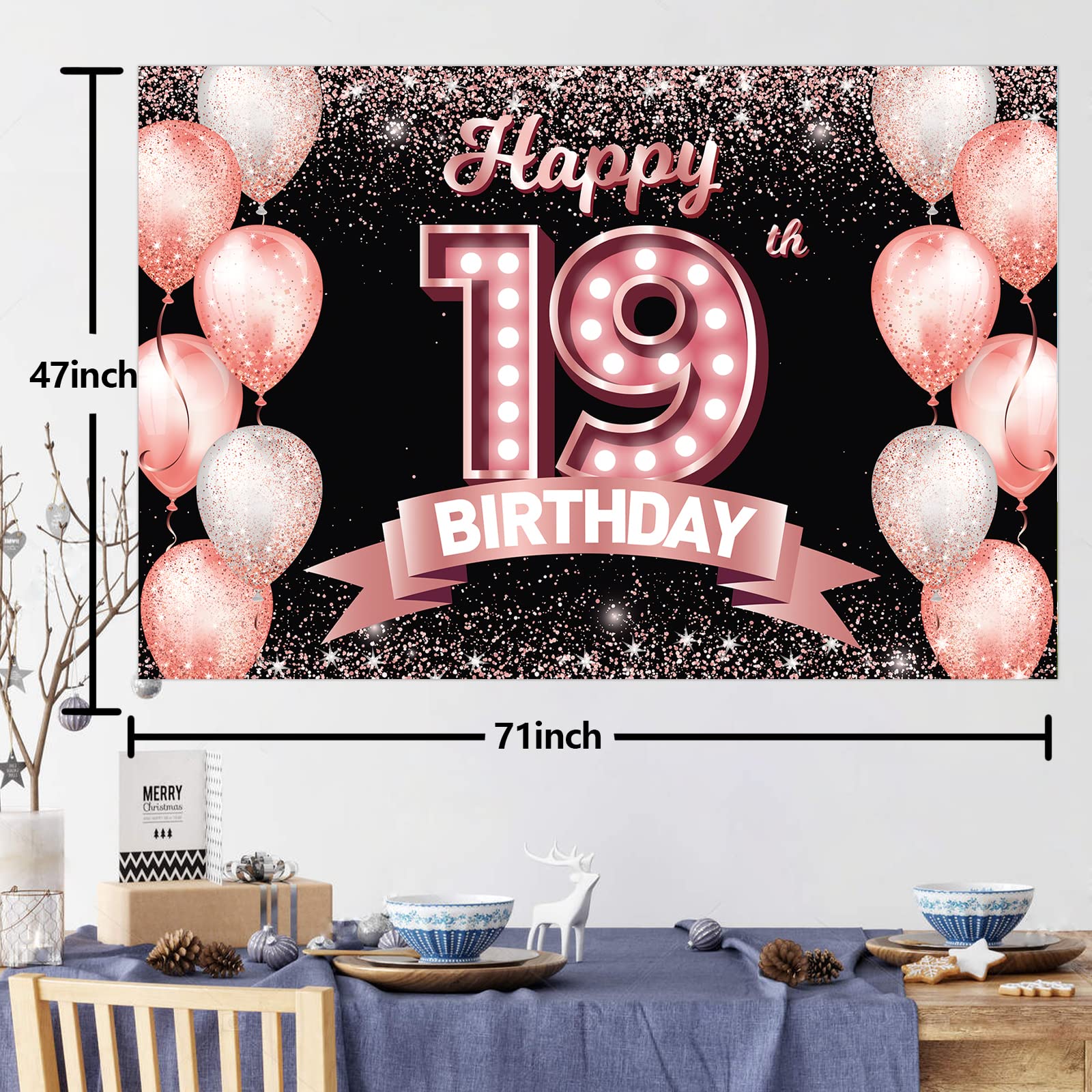 Happy 19Th Birthday Rose Gold Banner Backdrop Cheers To 19 Years Old Confetti Balloons Theme Decor Decorations For Girls Women 1