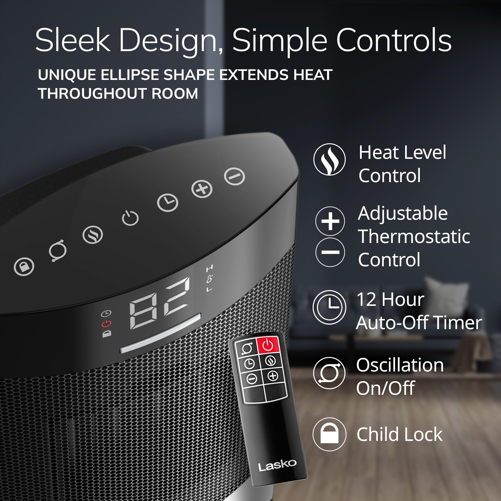 Lasko Ellipse Ceramic Tabletop Heater For Home With Tip Over Switch, Child Lock, Digital Display, Thermostat, Autoeco Mode, Wide