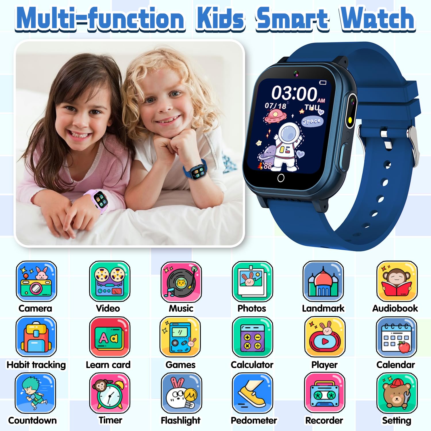 Kids Smart Watch Gift For Boys Ages 3-12, Ip67 Waterproof, 32 Puzzle Games, Hd Touchscreen Dual Camera Vedio Pedometer Music Pla