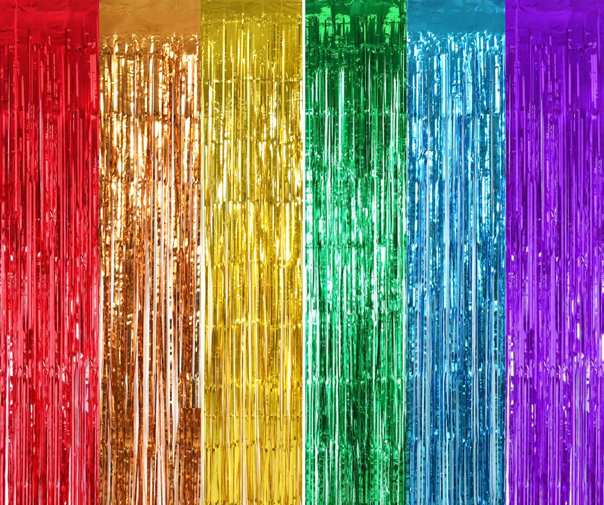 Toniful 2Pcs Rainbow Door Streamers,Rainbow Party Photo Booth Backdrop Metallic Streamers Rainbow Foil Fringe Curtains For Birth