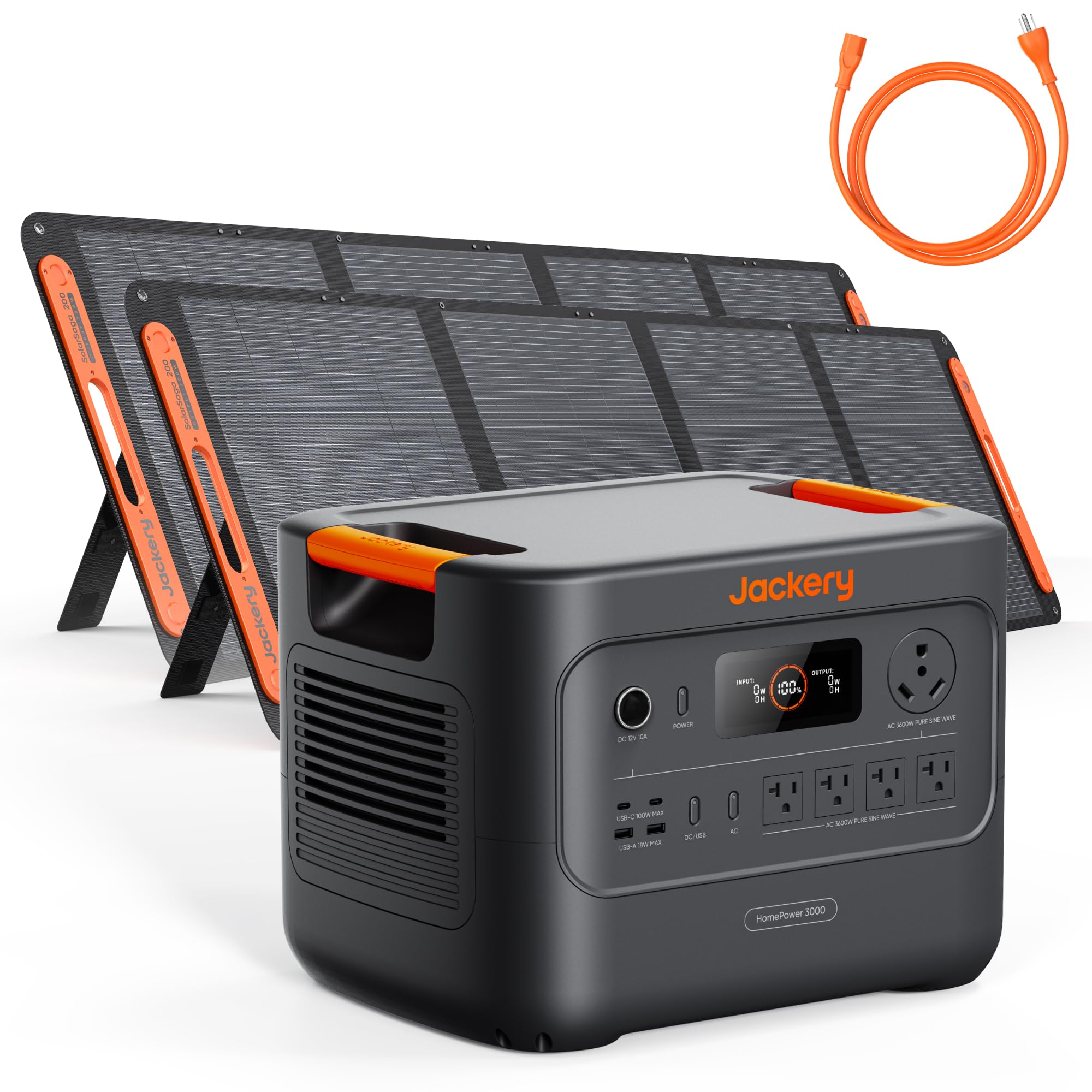 Jackery HomePower 3000 Portable Power Station with AC Cable and 2x 200W Solar Panels, 3600W (Surge 7200W) Output, 3072Wh LFP Sol