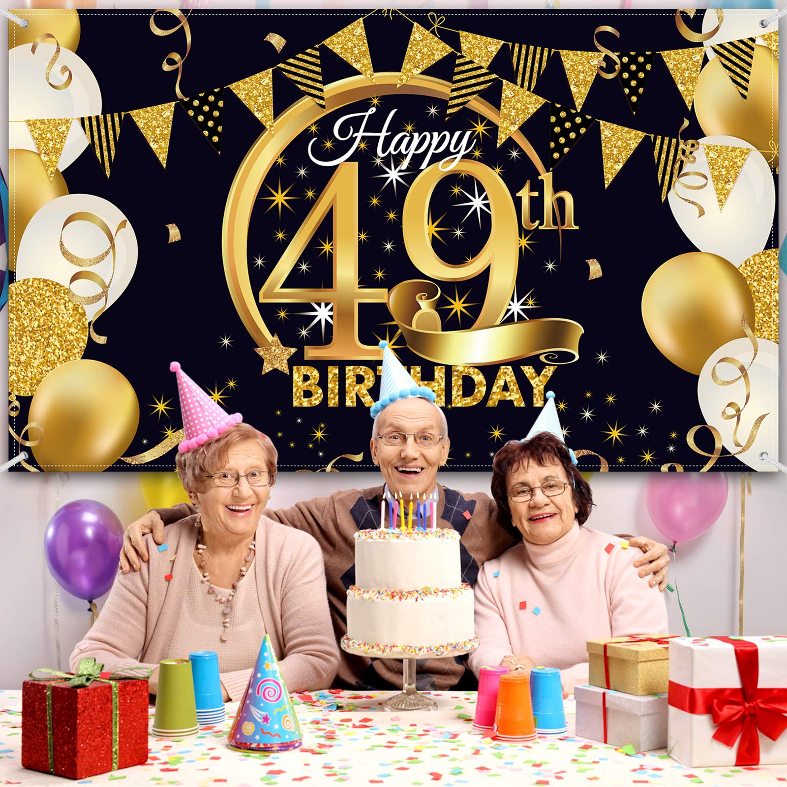 49Th Birthday Party Decoration, Extra Large Fabric Black Gold Sign Poster For 49Th Anniversary Photo Booth Backdrop Background B