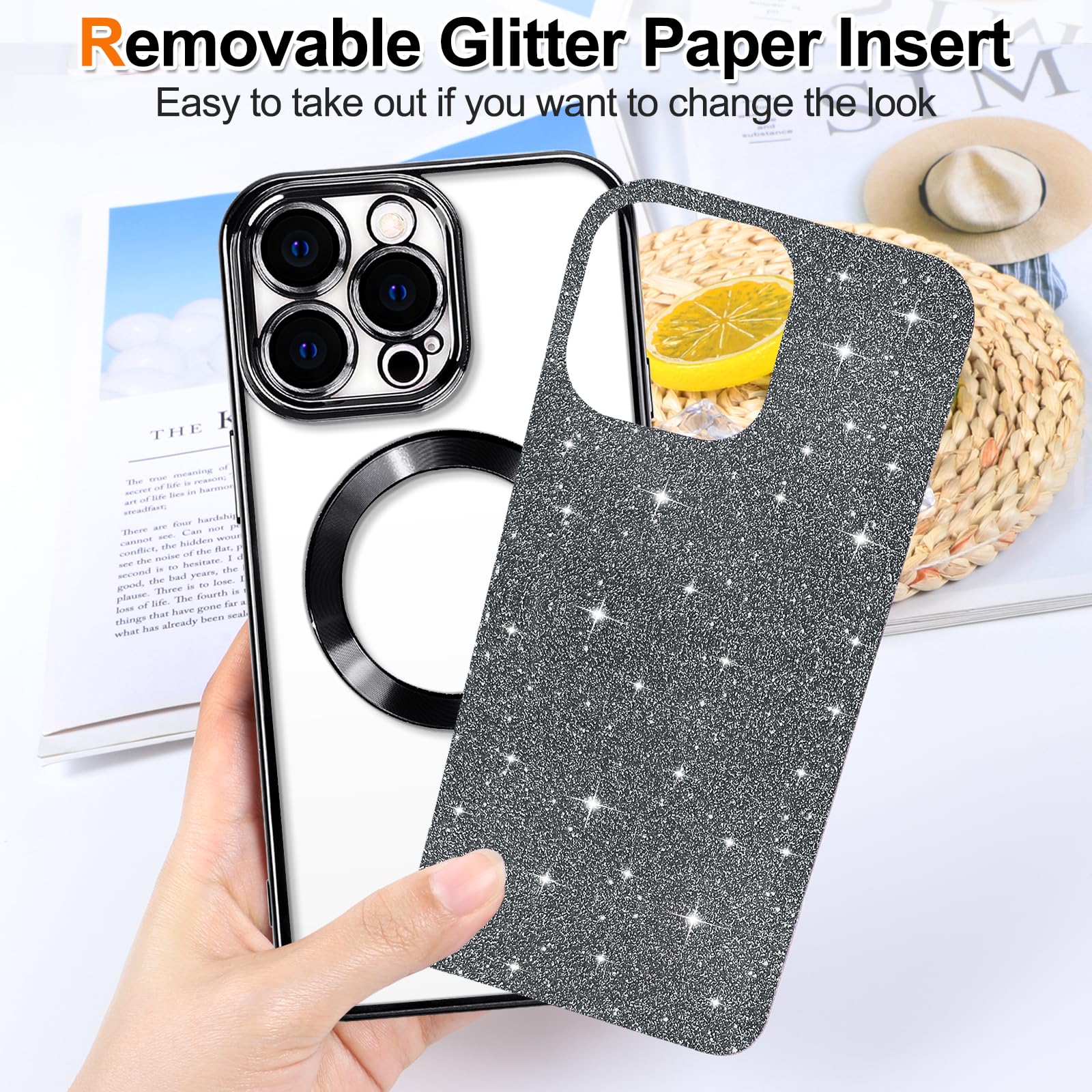 Hython For Iphone 15 Pro Case Glitter, Clear Magnetic Phone Cases With Camera Lens Protector [Compatible With Magsafe] Bling Spa