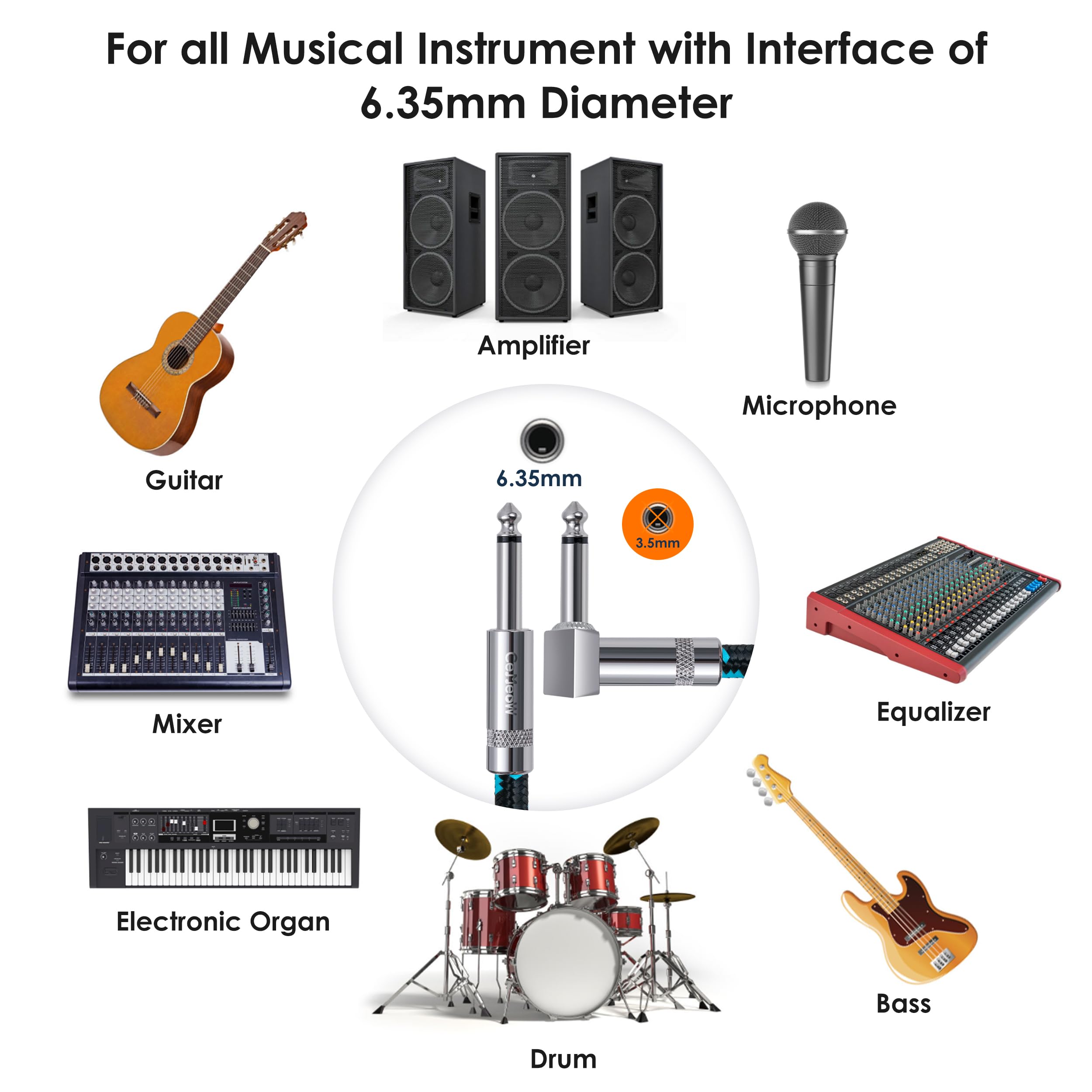 Cemeow 2Pack Guitar Cable 6Ft 1/4 Inch Guitar Cord Straight To Right Angle Instrument Cable With Braided Tweed And Anti Kinking