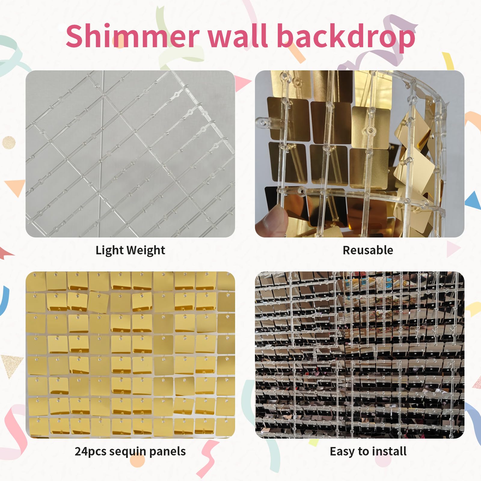 Gold Shimmer Wall Backdrop  24Pcs Square Sequin Panels For Party Wedding Birthday Disco Backdrop Decorations Or Photo Background