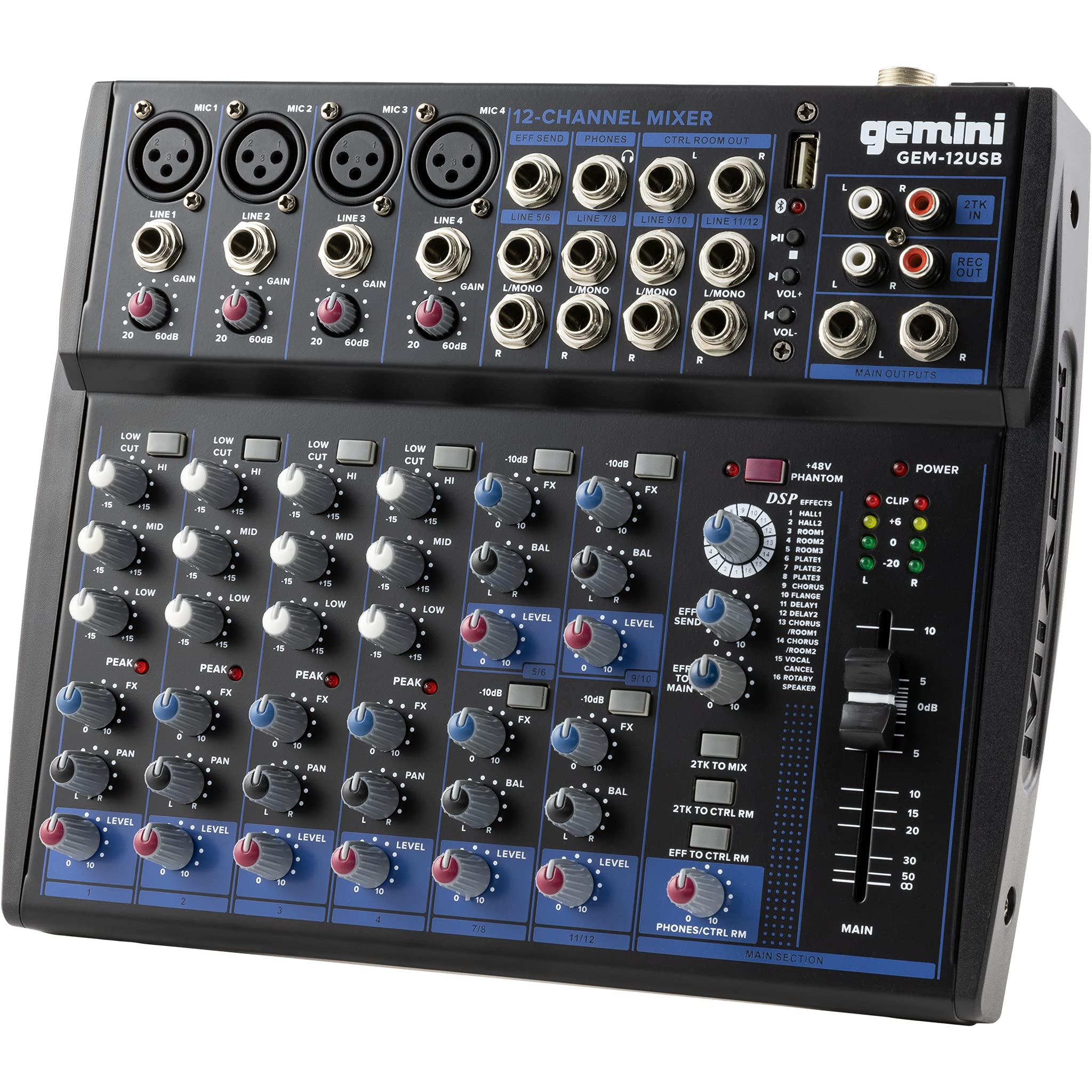 Gemini 12-Channel DJ Audio Mixer with Multi-FX, USB, EQ & Phantom Power - Studio Mixer Board USB, Mixing Console for Music Produ