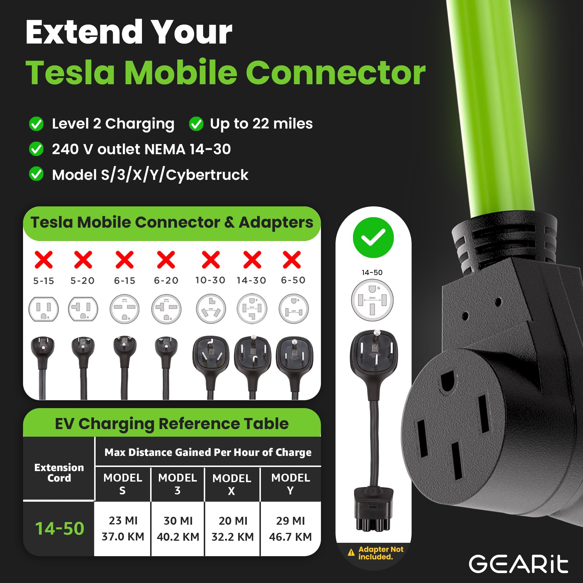 Gearit 50-Amp Extension Cord For Rv & Ev, 250-Volt, 4-Prong, Compatible With Tesla Models, Nema 14-50P To 14-50R 6/3, 8/1 Stw Aw