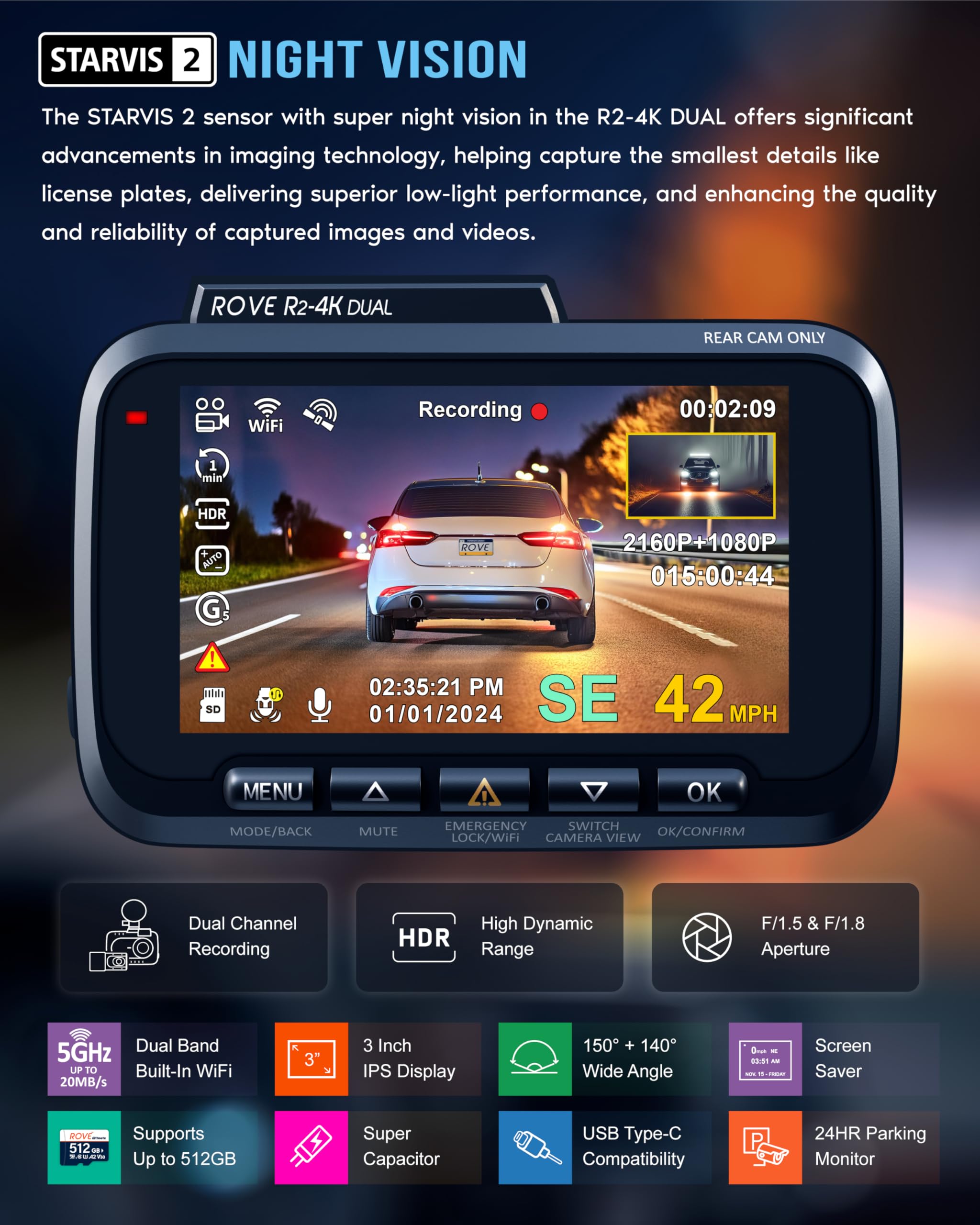 Rove R2 4K Dual Dash Cam Front And Rear, Starvis 2 Sensor, Free 128Gb Card Included, 5G Wifi   Up To 20Mb/S Fastest Download Spe