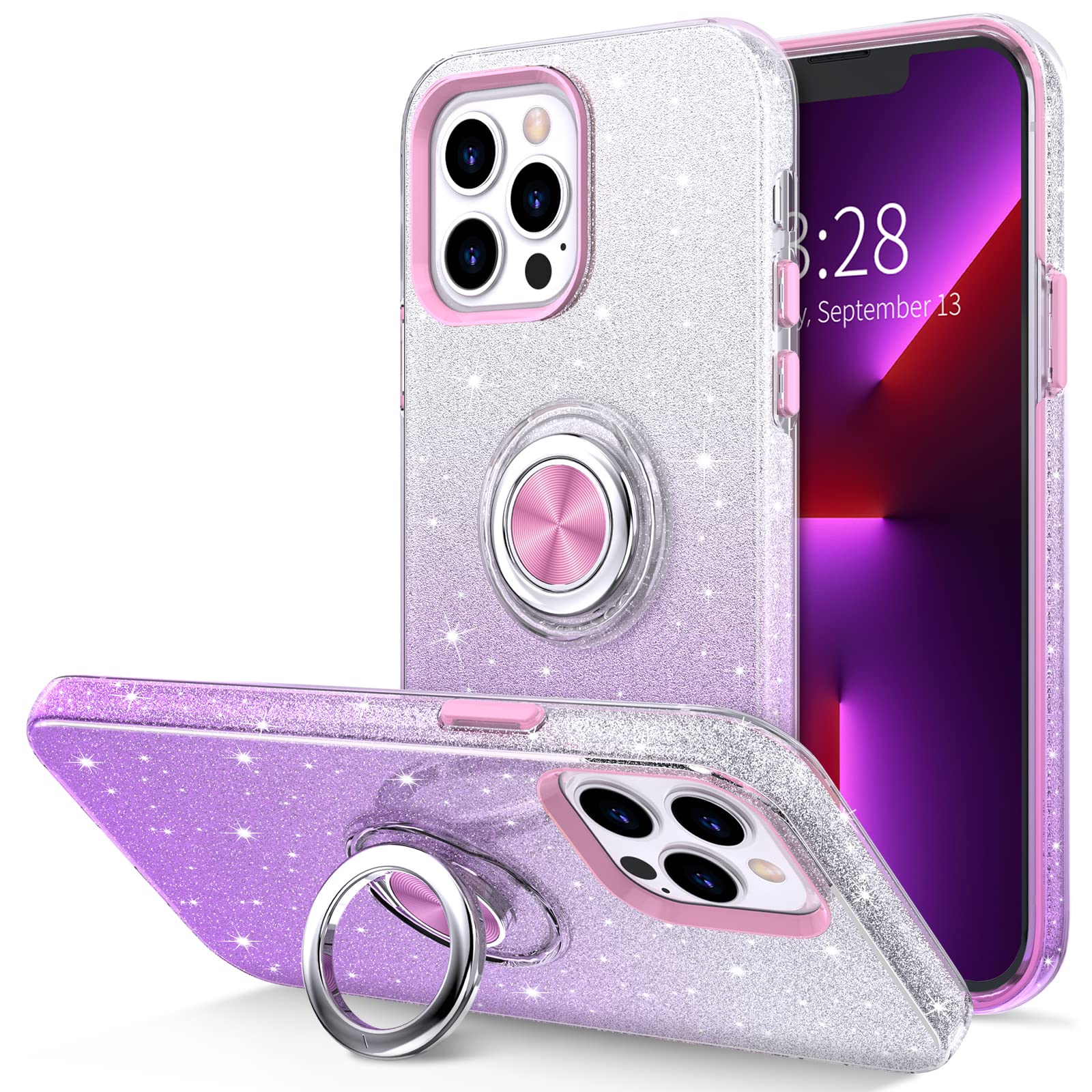Hython For Iphone 13 Pro Case With Ring Stand [360 Rotatable Ring Holder Magnetic Kickstand] [Support Car Mount] Cute Sparkly Gl